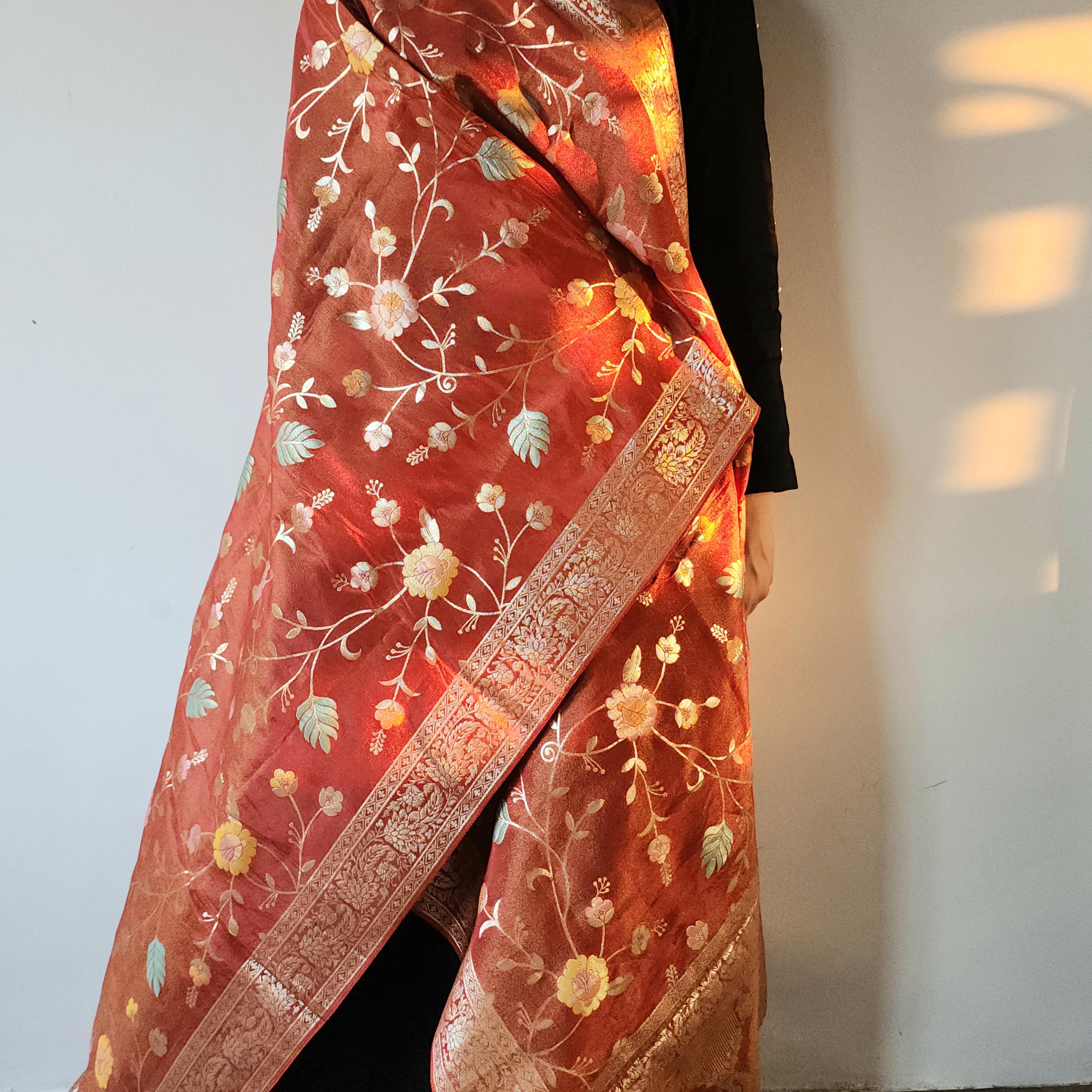 Banarasi Brocade Brick Red dupatta, Handpainted Multicolor meenakari work Indian traditional & Festive wear Dupatta