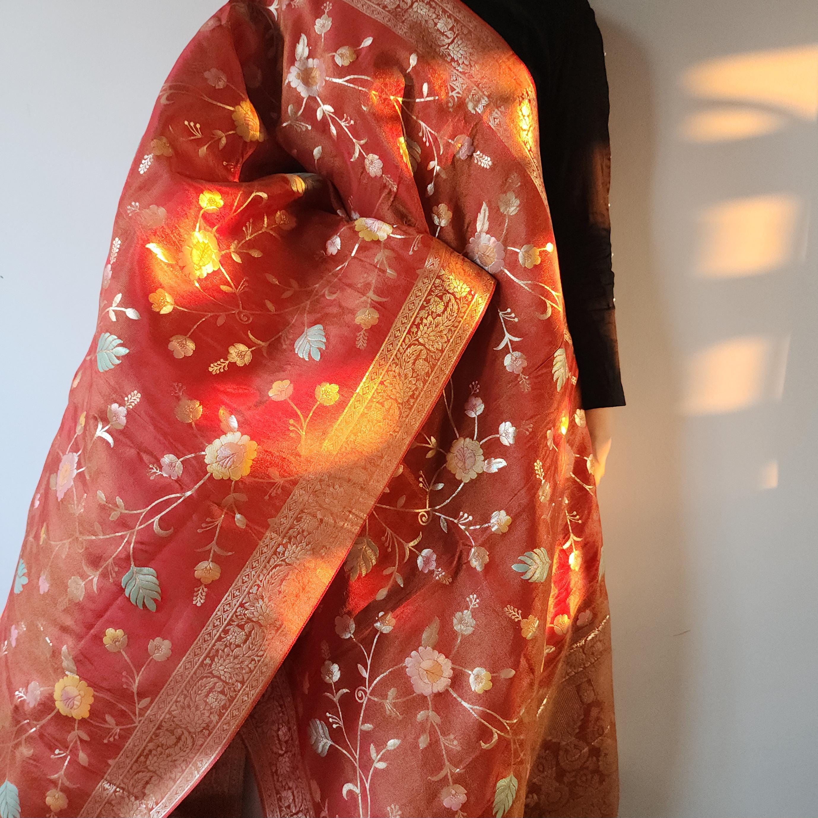 Banarasi Brocade Brick Red dupatta, Handpainted Multicolor meenakari work Indian traditional & Festive wear Dupatta