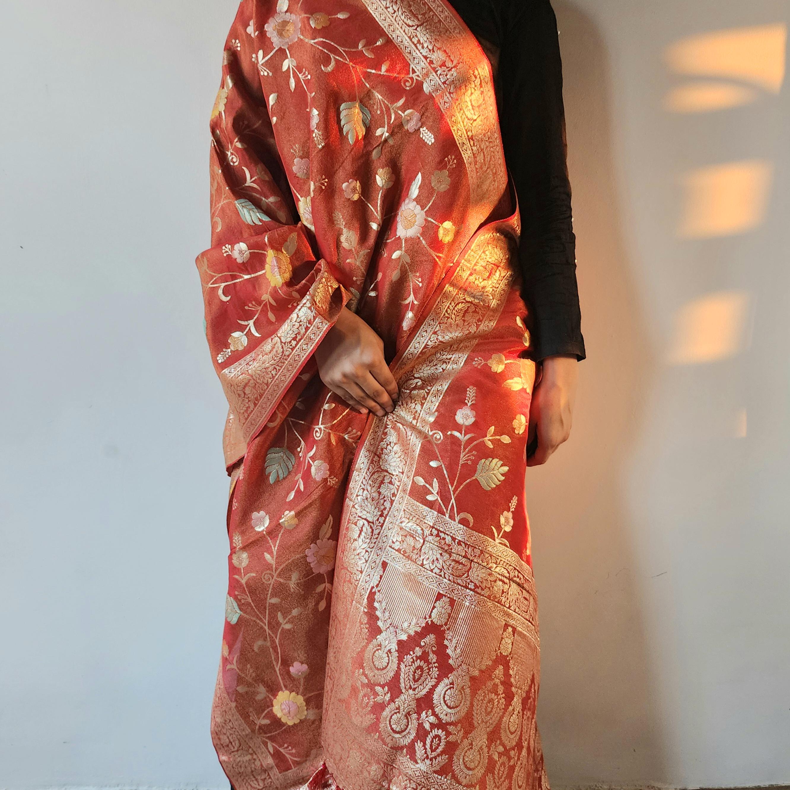 Banarasi Brocade Brick Red dupatta, Handpainted Multicolor meenakari work Indian traditional & Festive wear Dupatta