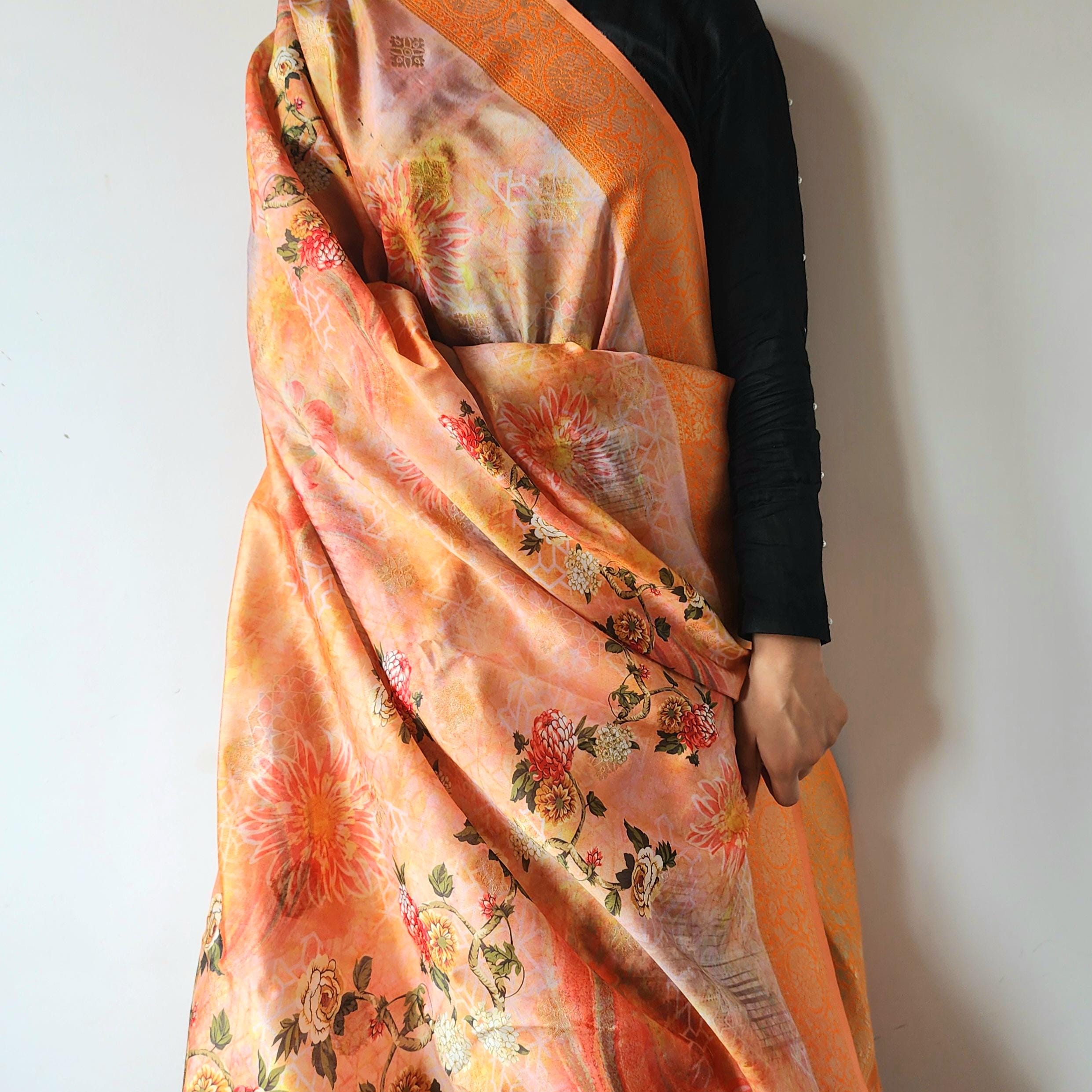 Banarasi Silk Peach Dupatta with luxurious floral prints