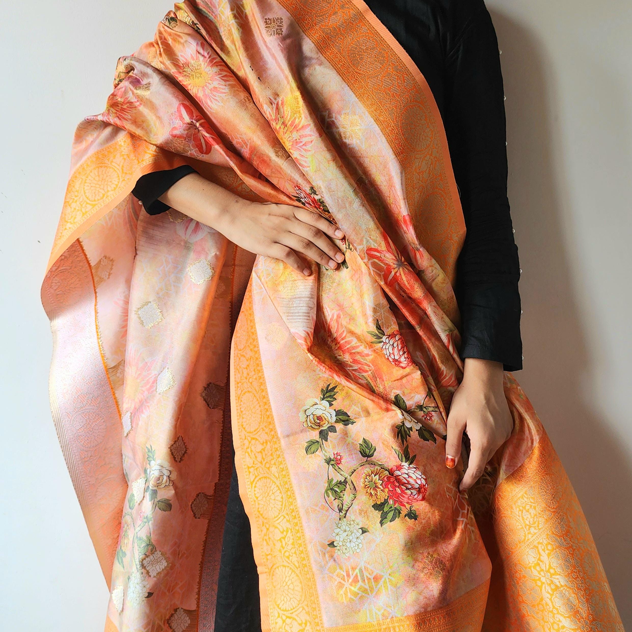 Banarasi Silk Peach Dupatta with luxurious floral prints