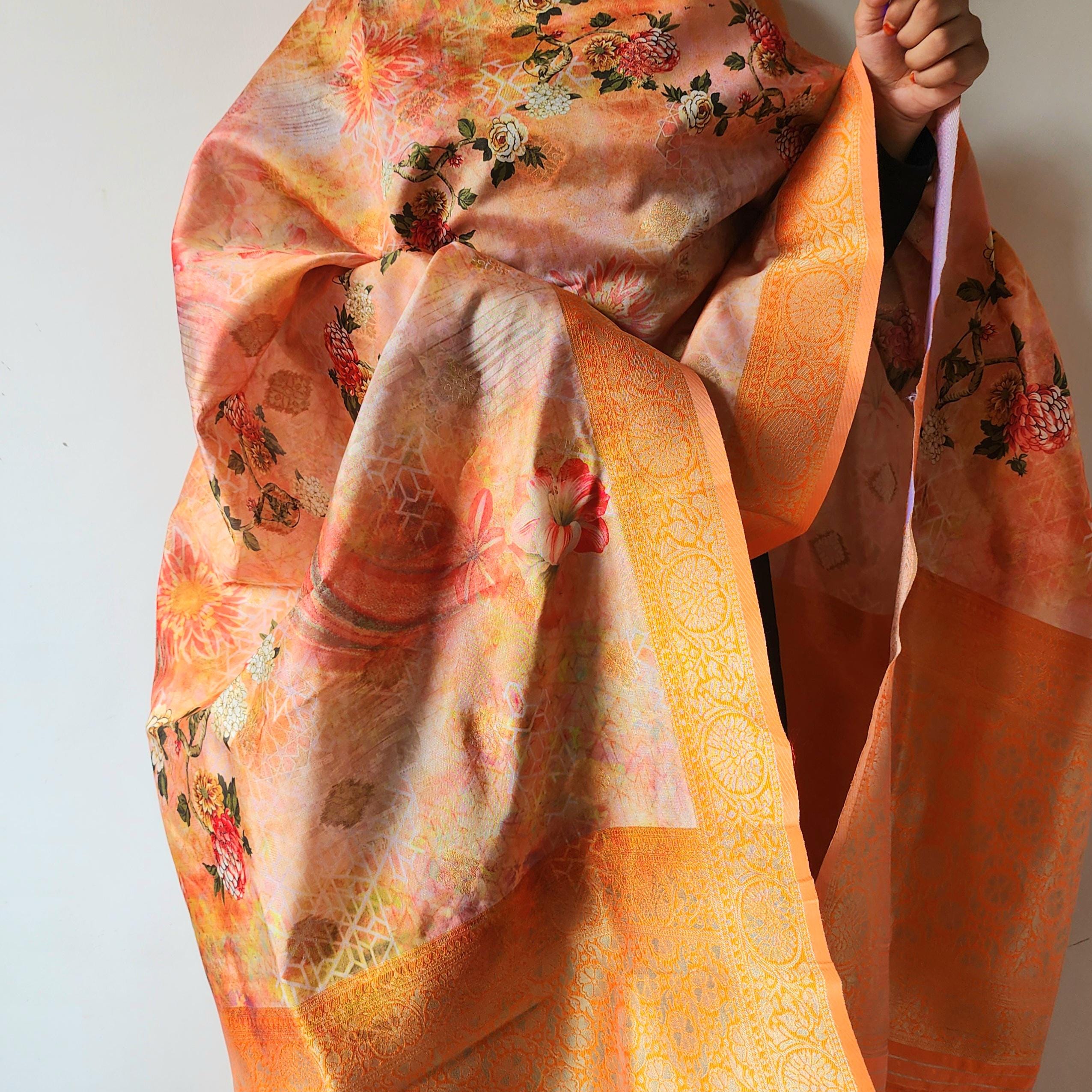 Banarasi Silk Peach Dupatta with luxurious floral prints