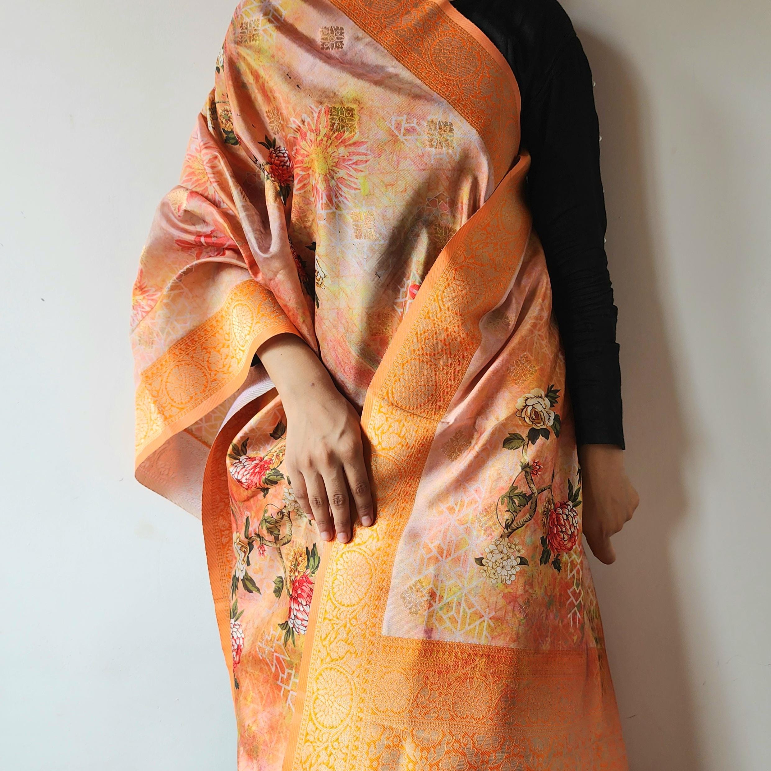 Banarasi Silk Peach Dupatta with luxurious floral prints