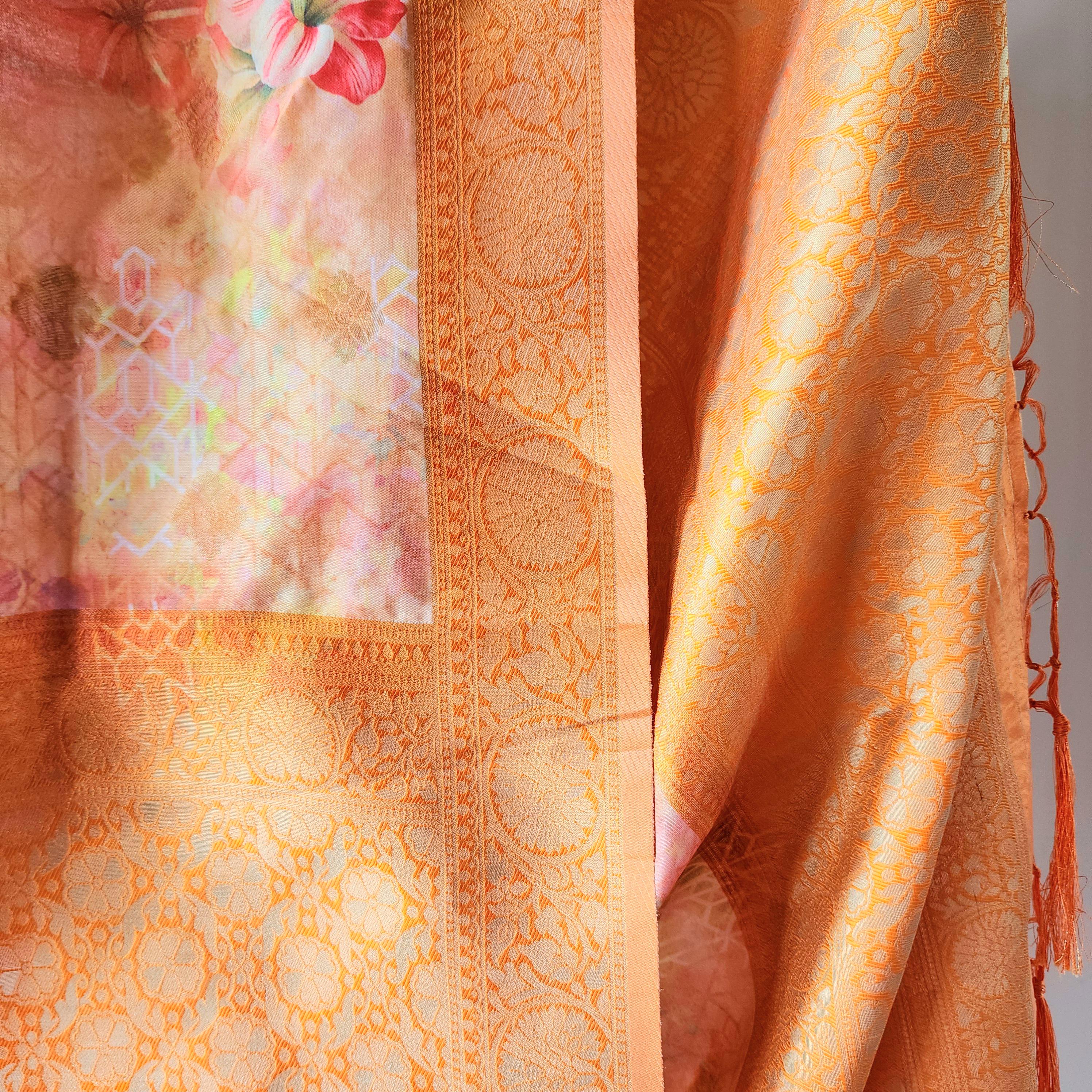 Banarasi Silk Peach Dupatta with luxurious floral prints