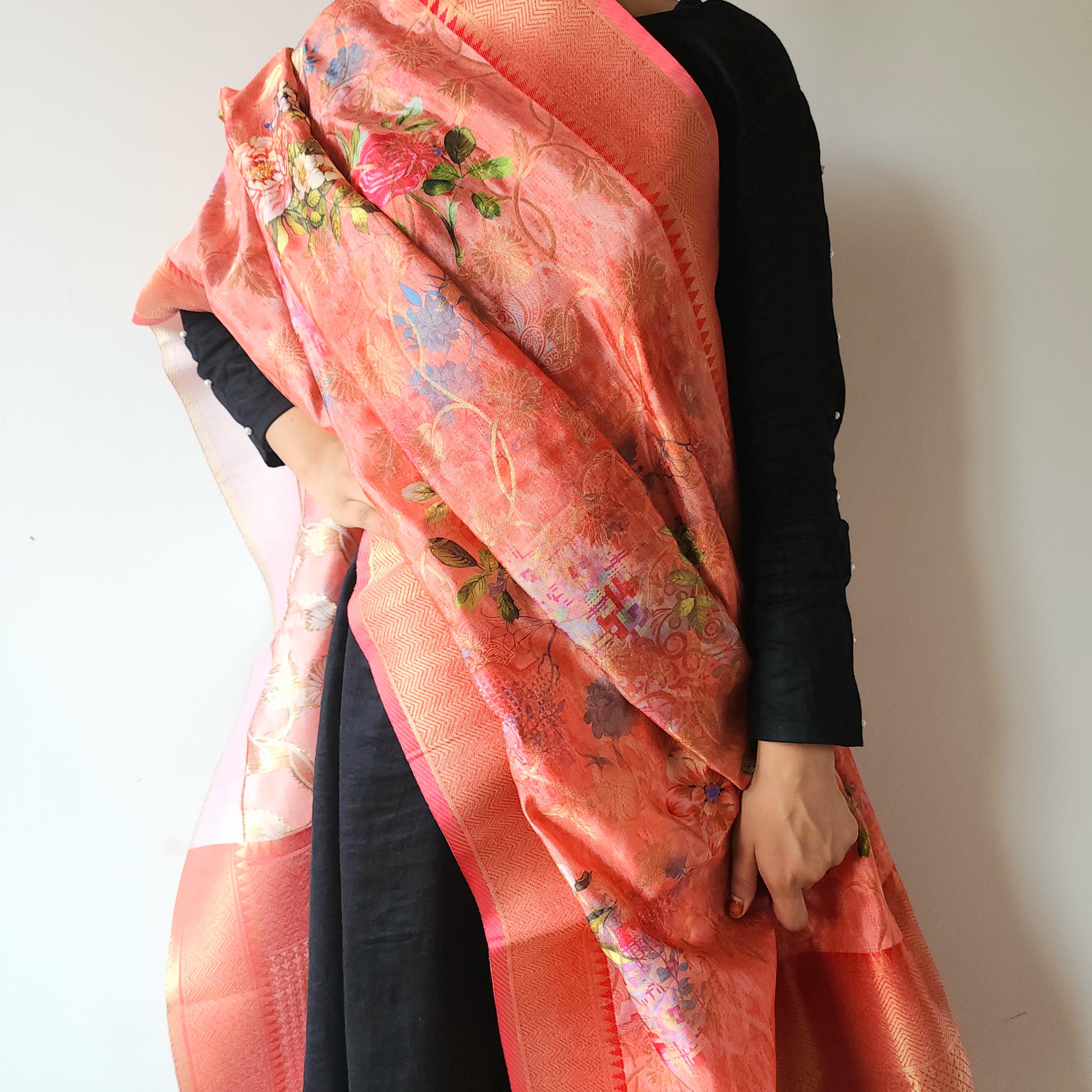 Banarasi Silk royal Red Dupatta with luxurious floral prints