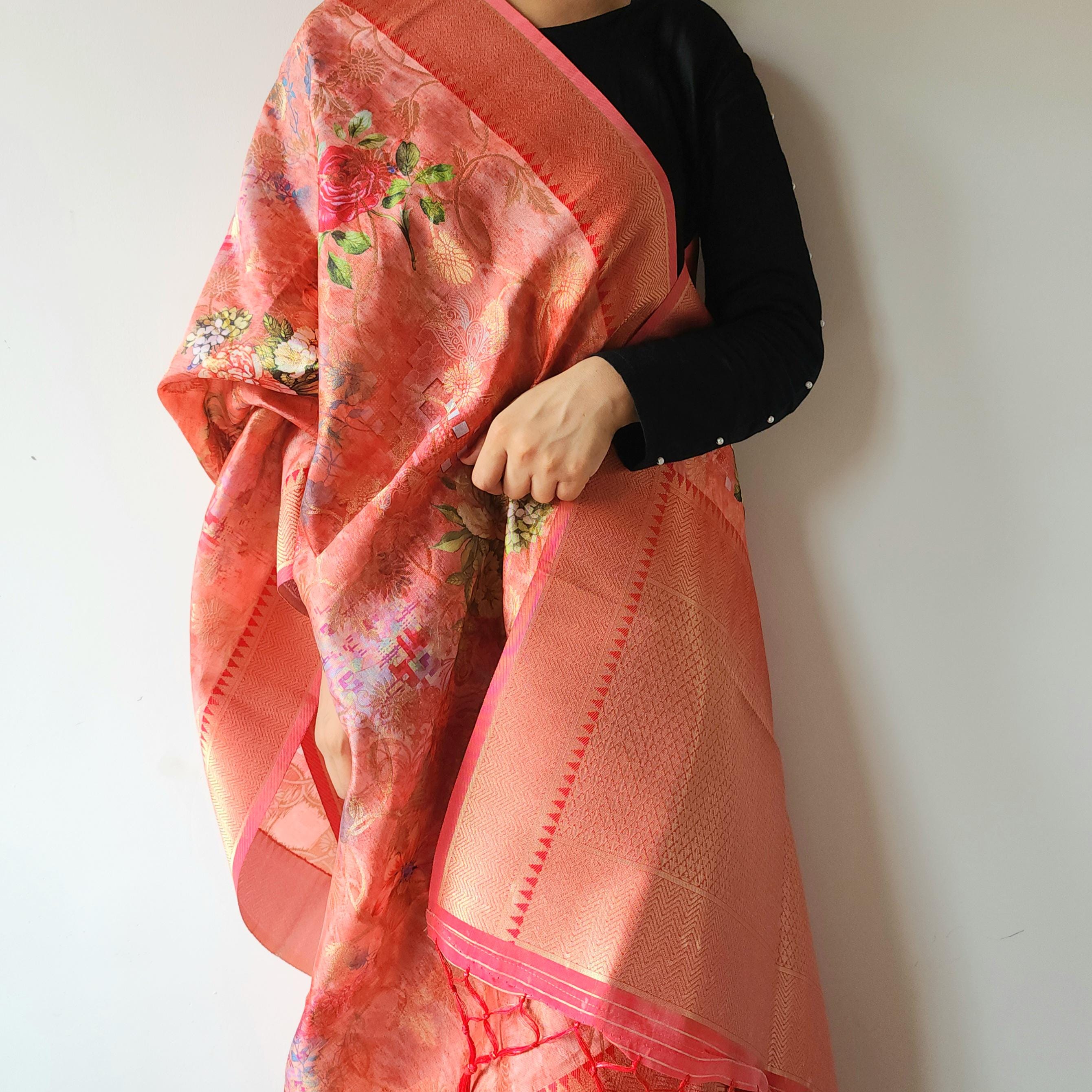 Banarasi Silk royal Red Dupatta with luxurious floral prints