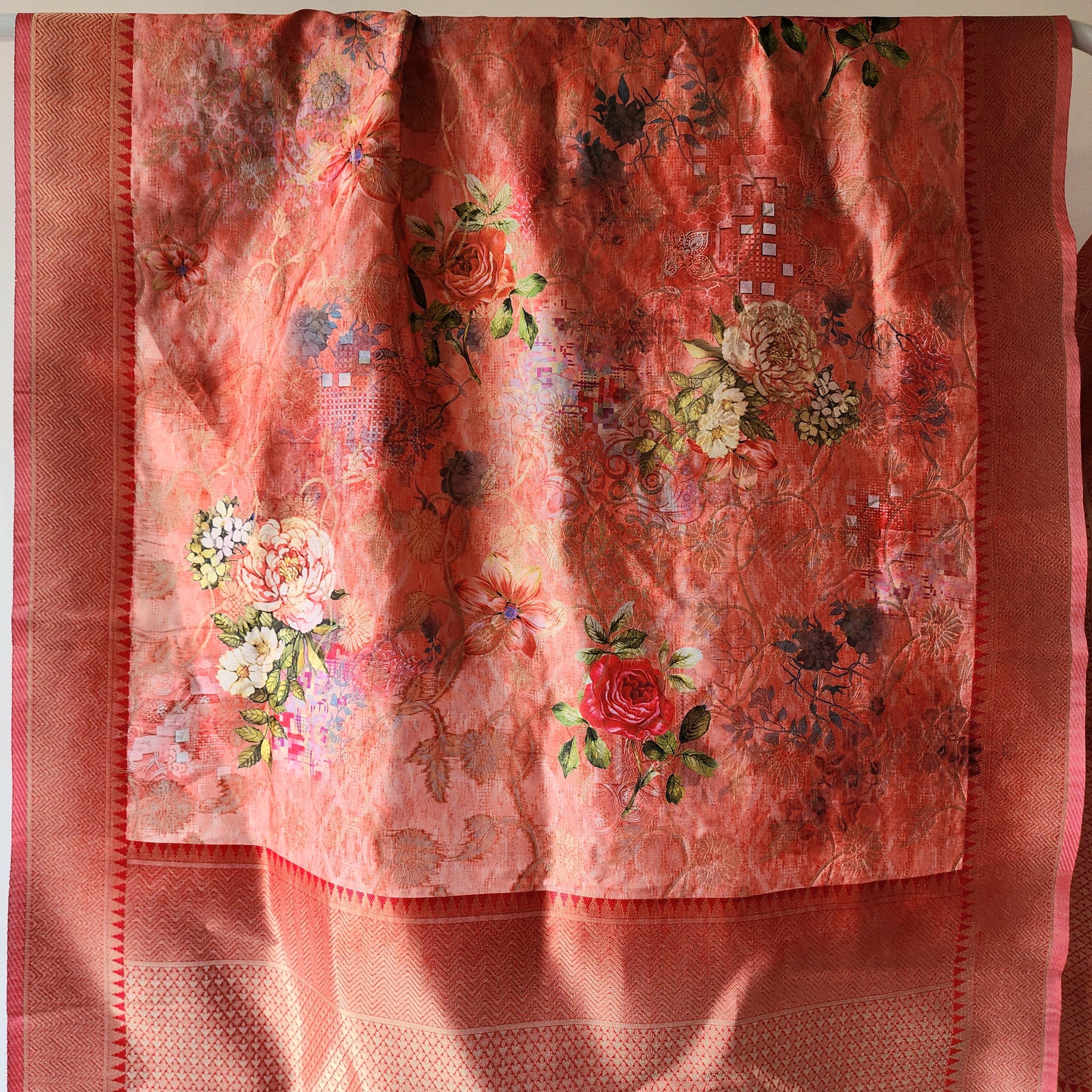 Banarasi Silk royal Red Dupatta with luxurious floral prints