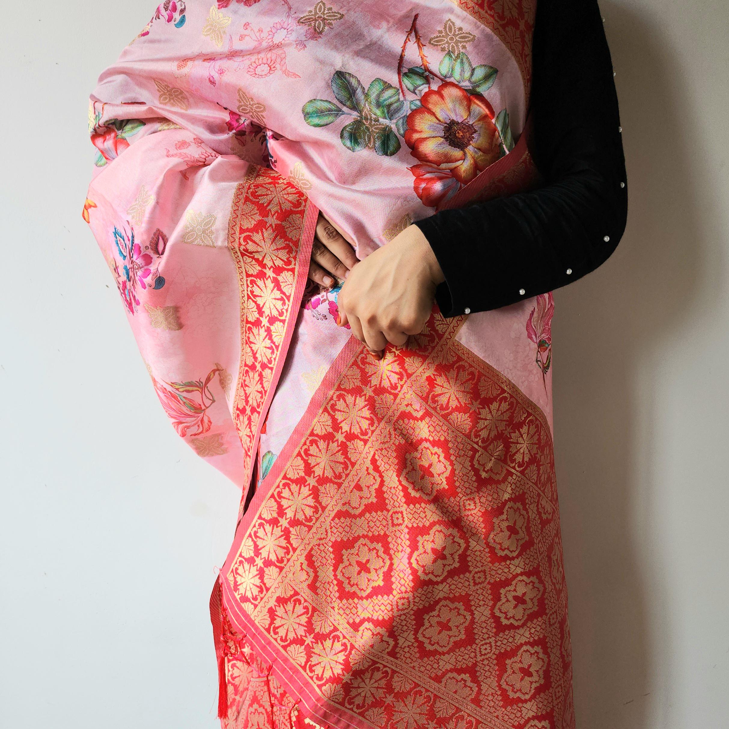 Banarasi Silk Pink Dupatta with luxurious floral prints