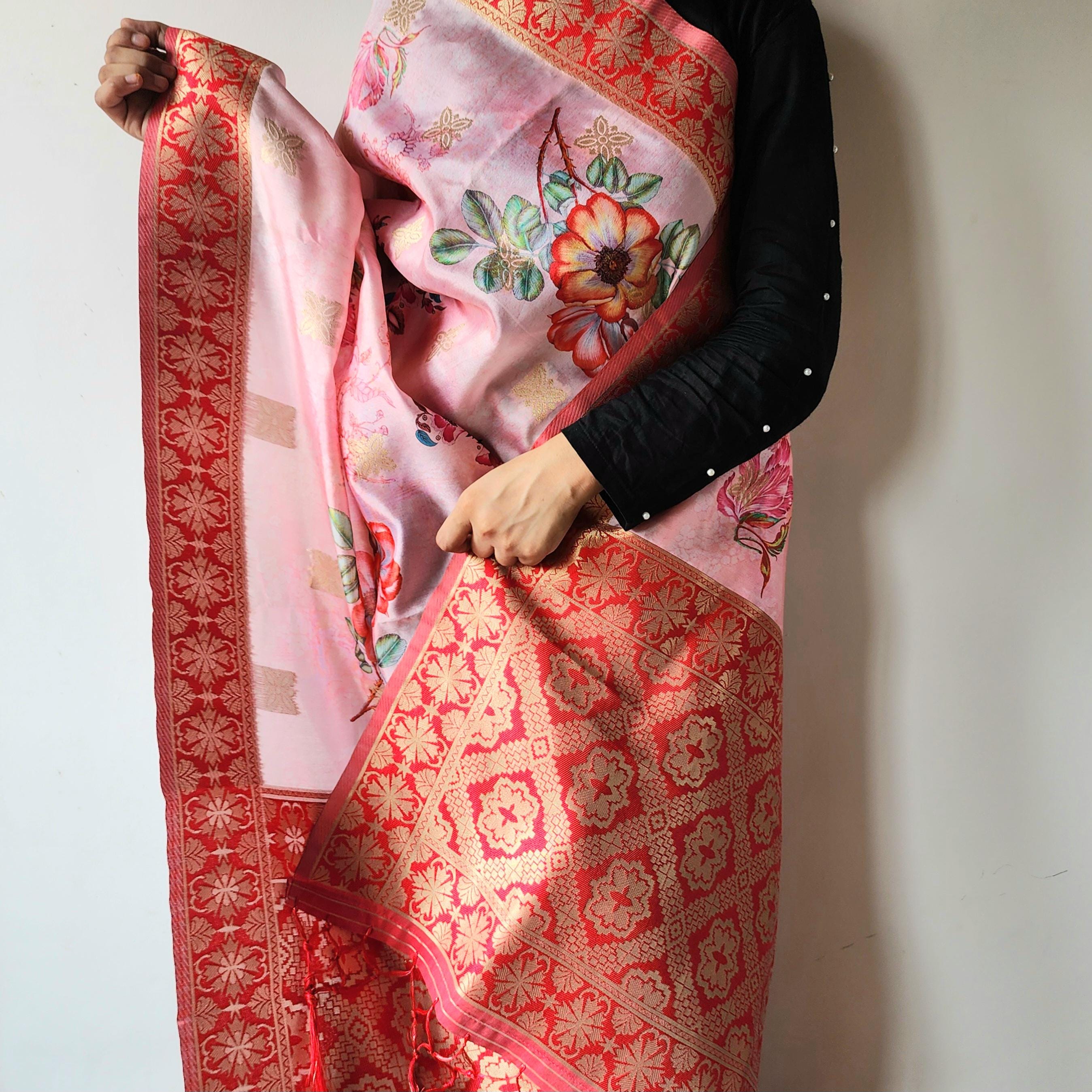 Banarasi Silk Pink Dupatta with luxurious floral prints