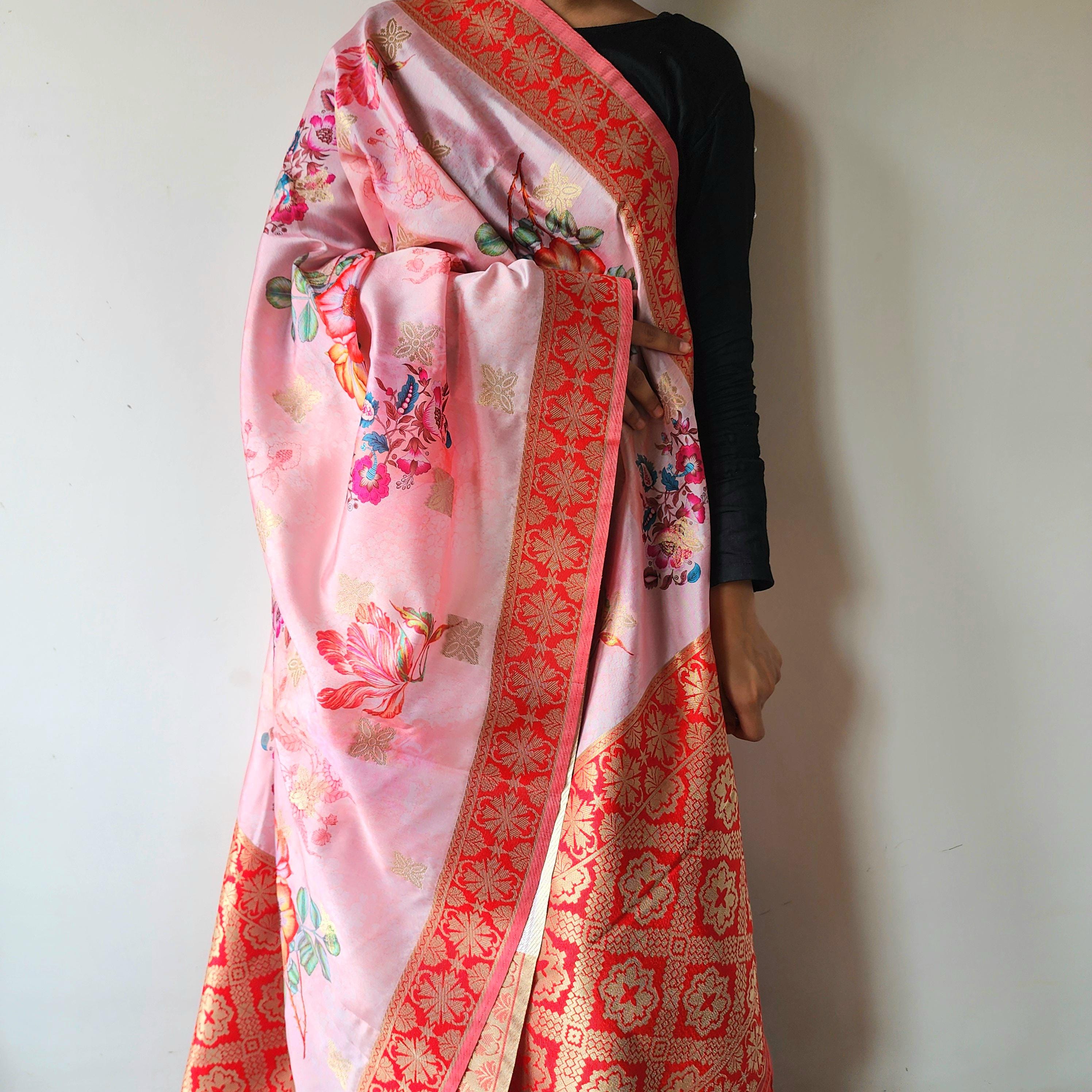 Banarasi Silk Pink Dupatta with luxurious floral prints
