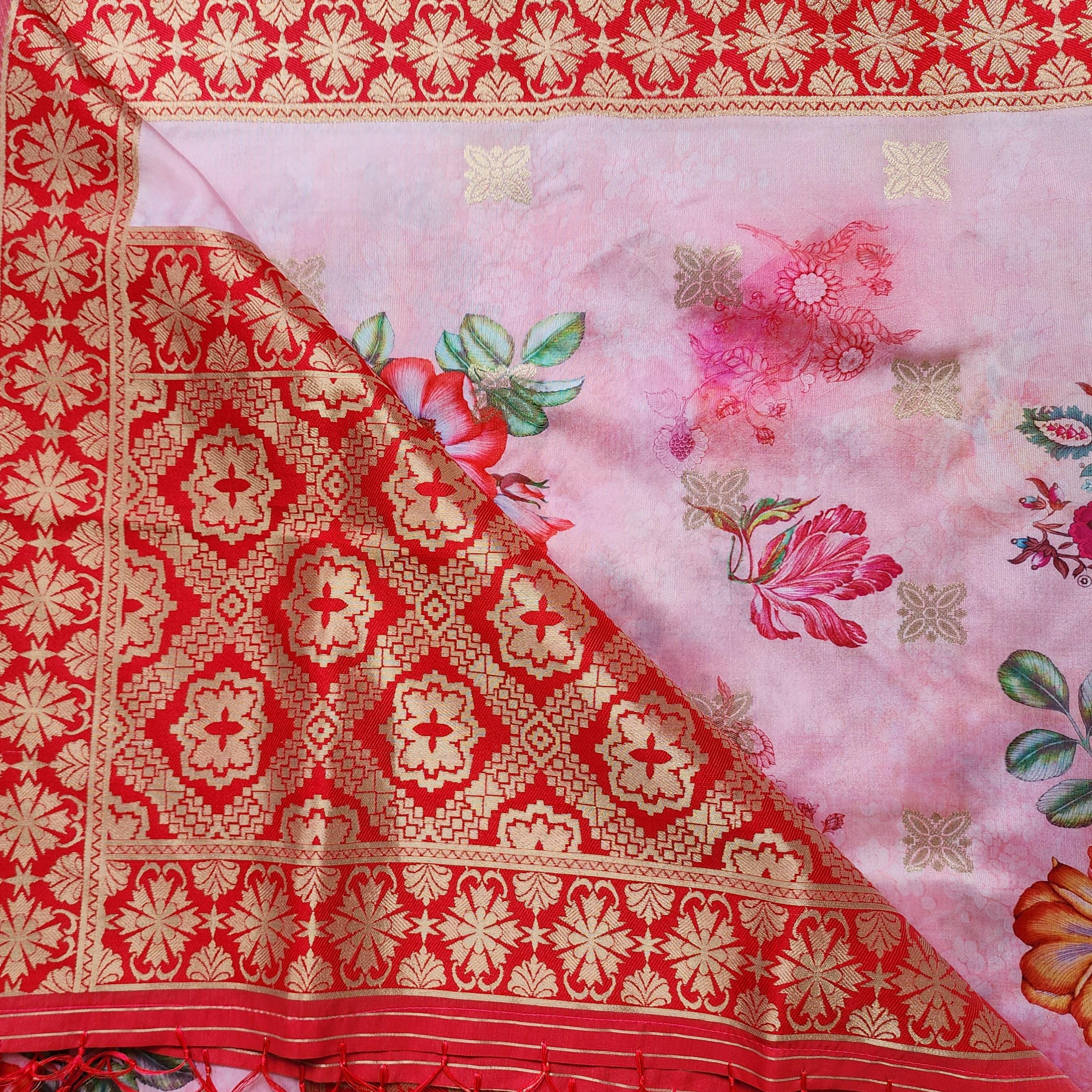 Banarasi Silk Pink Dupatta with luxurious floral prints