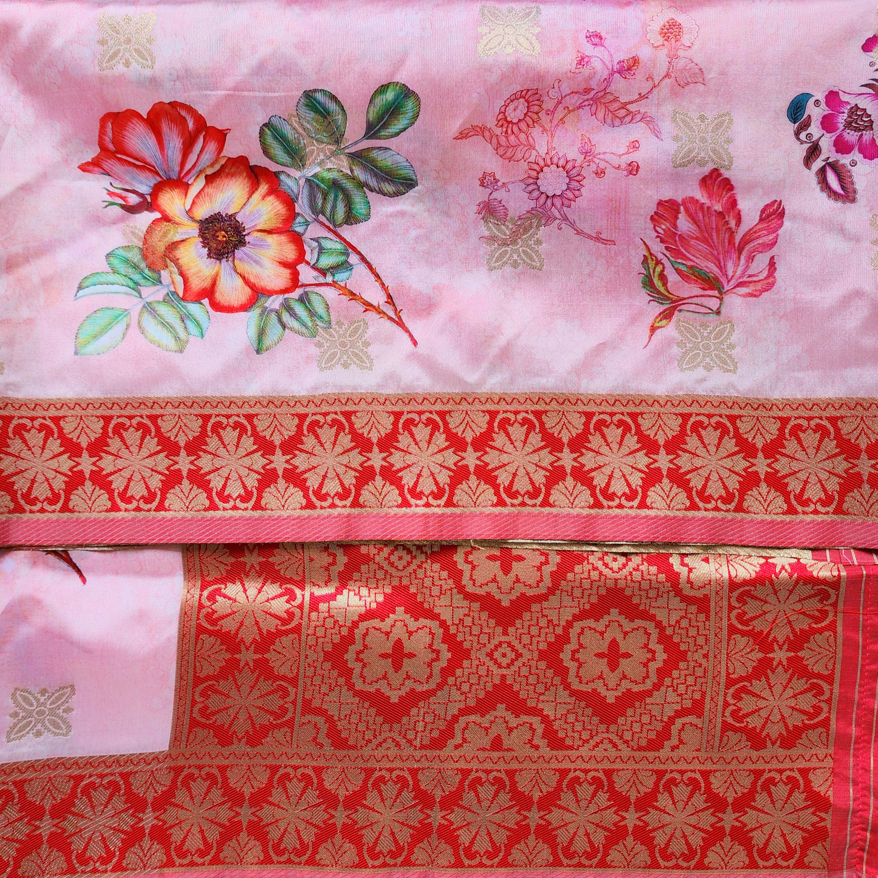 Banarasi Silk Pink Dupatta with luxurious floral prints