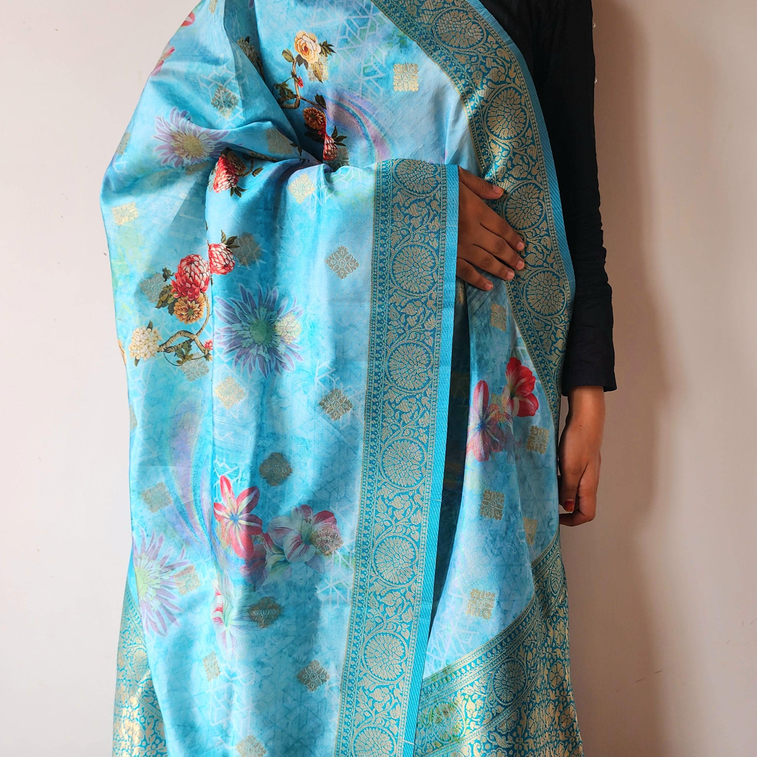 Banarasi Silk Light Blue Dupatta with luxurious floral prints