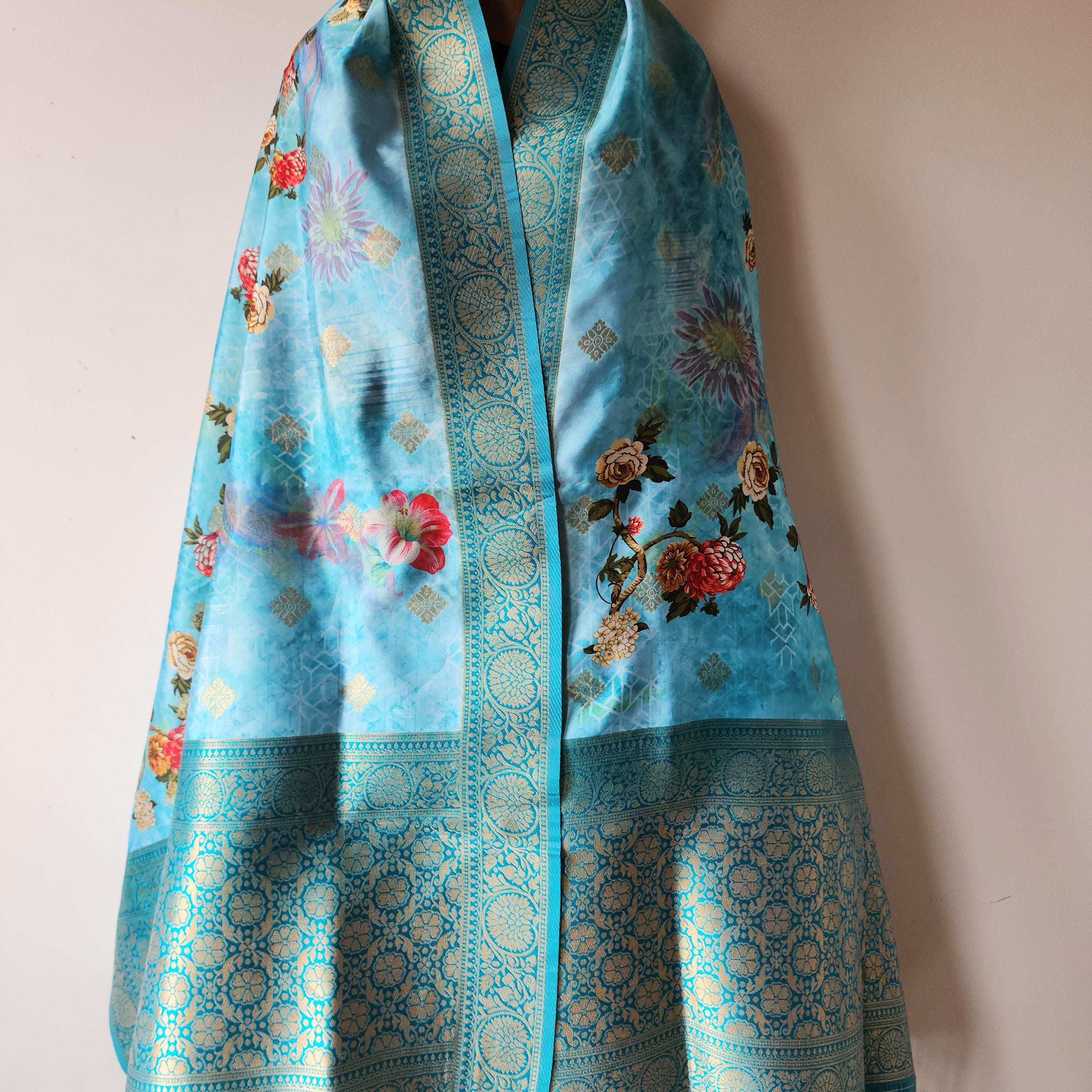 Banarasi Silk Light Blue Dupatta with luxurious floral prints