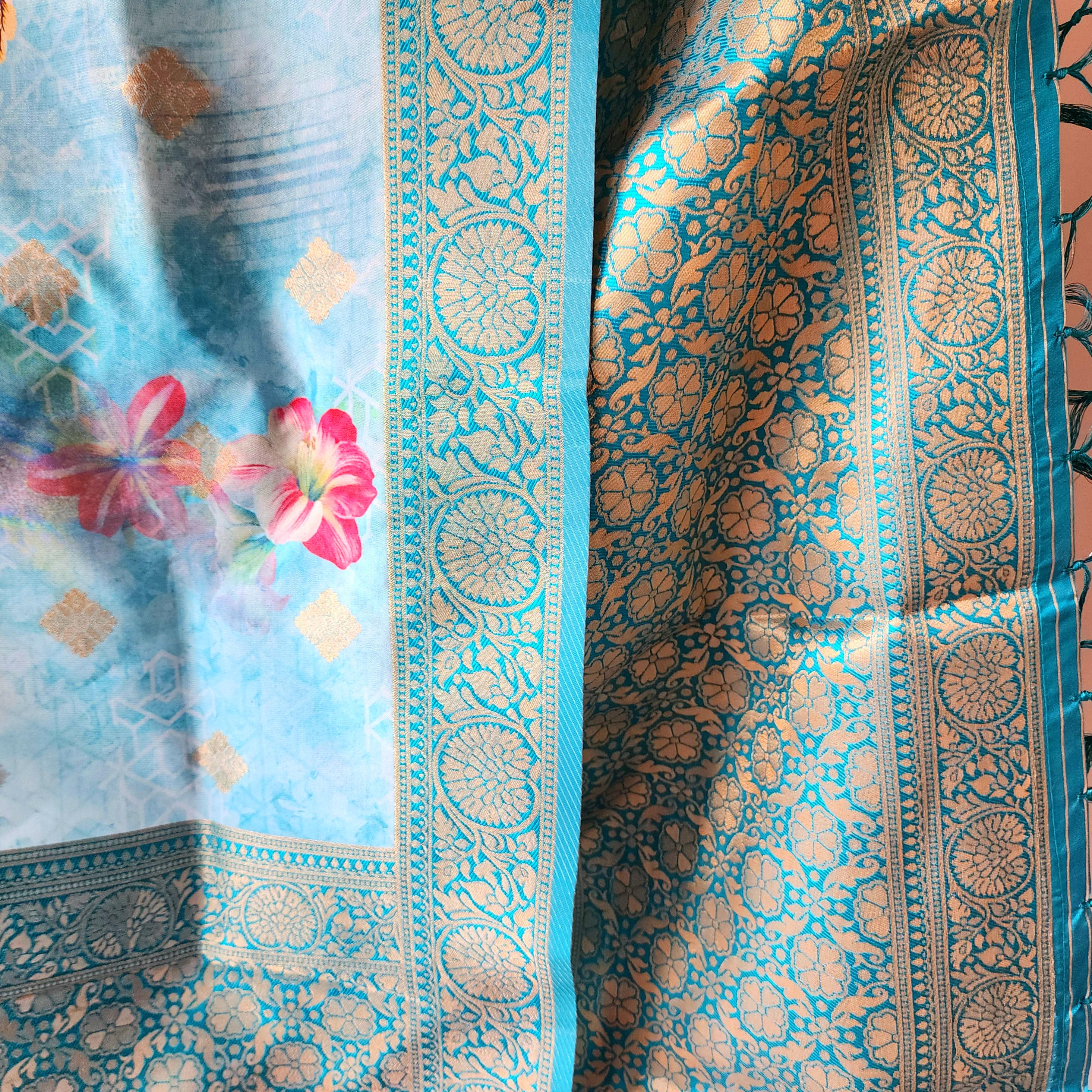 Banarasi Silk Light Blue Dupatta with luxurious floral prints