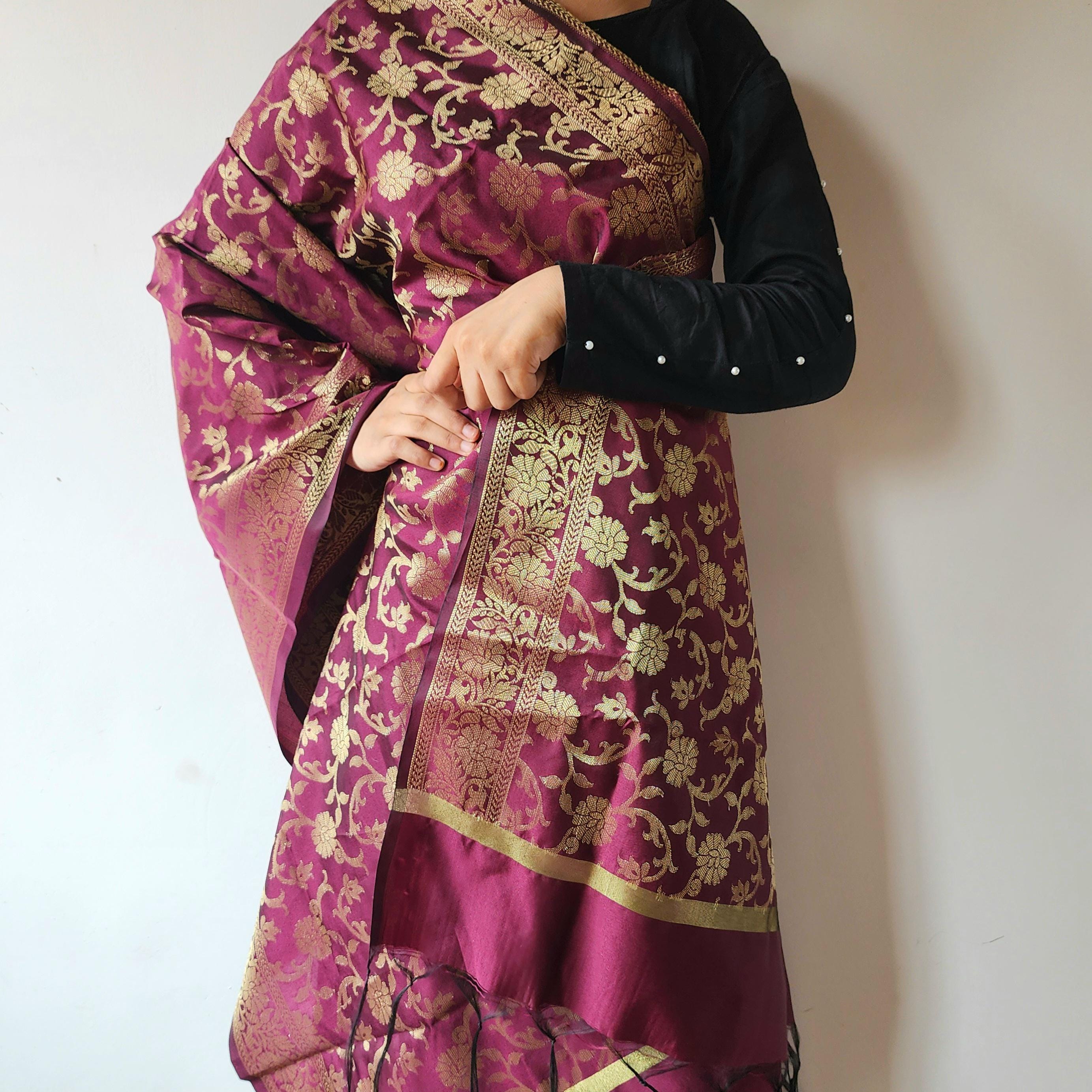Wine Banarasi Dupatta with Gold Floral Weave Perfect for Evening Wear and Special Occasions