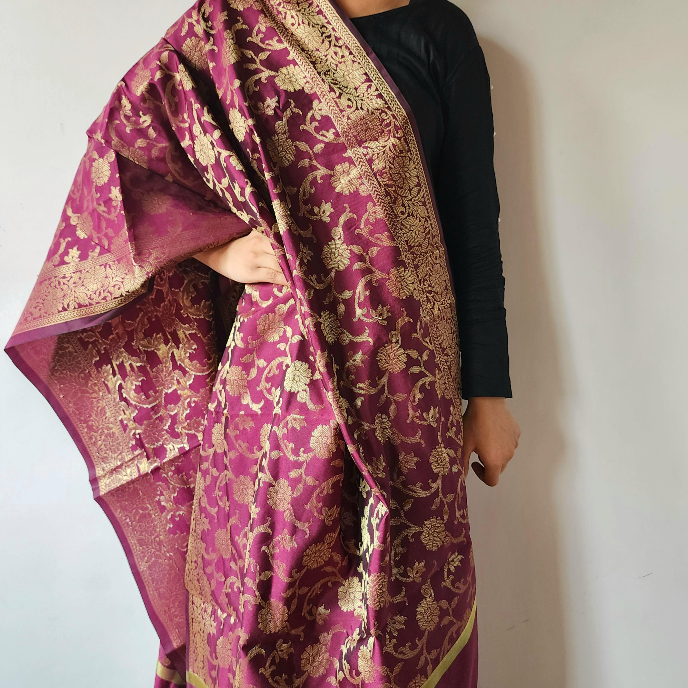 Wine Banarasi Dupatta with Gold Floral Weave Perfect for Evening Wear and Special Occasions