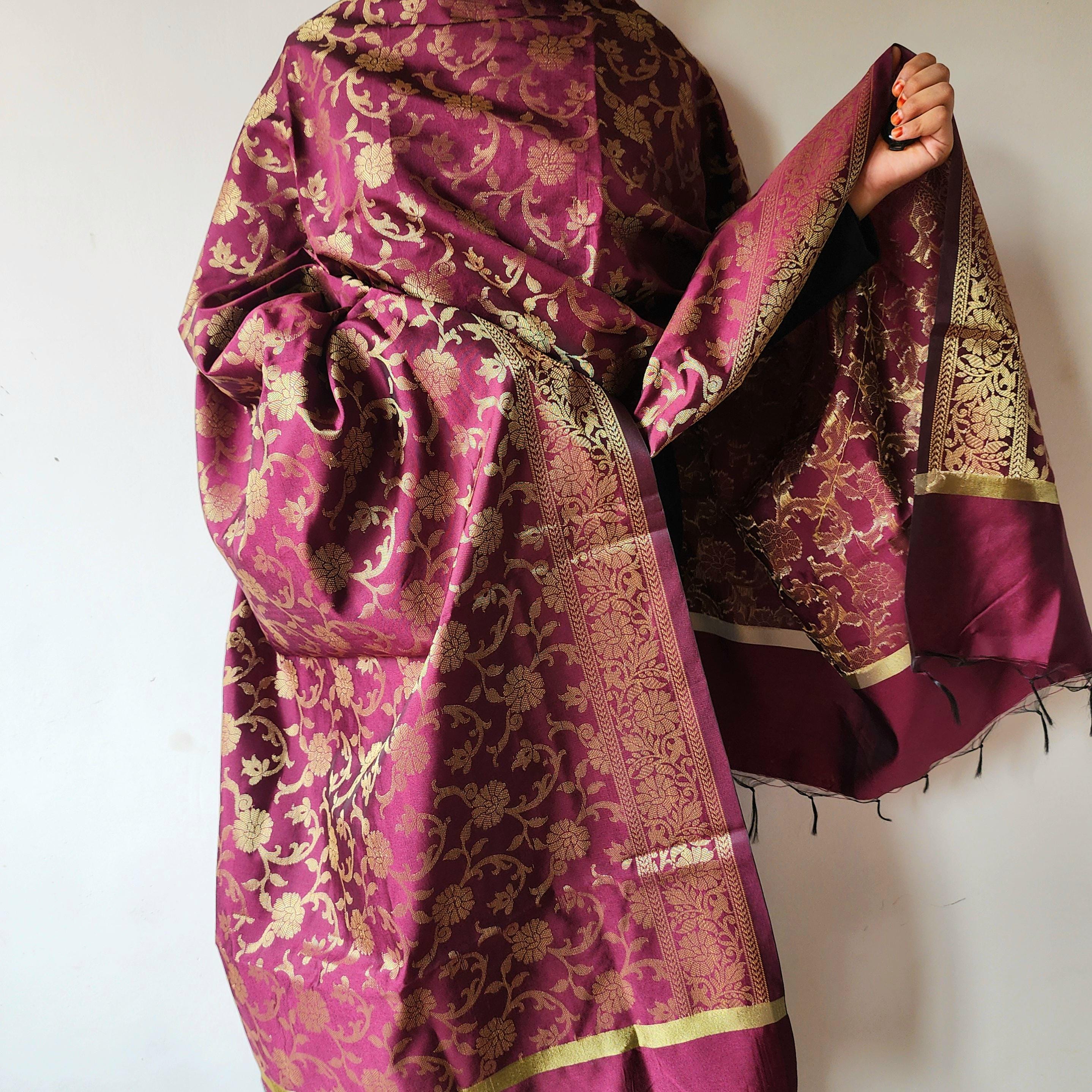 Wine Banarasi Dupatta with Gold Floral Weave Perfect for Evening Wear and Special Occasions