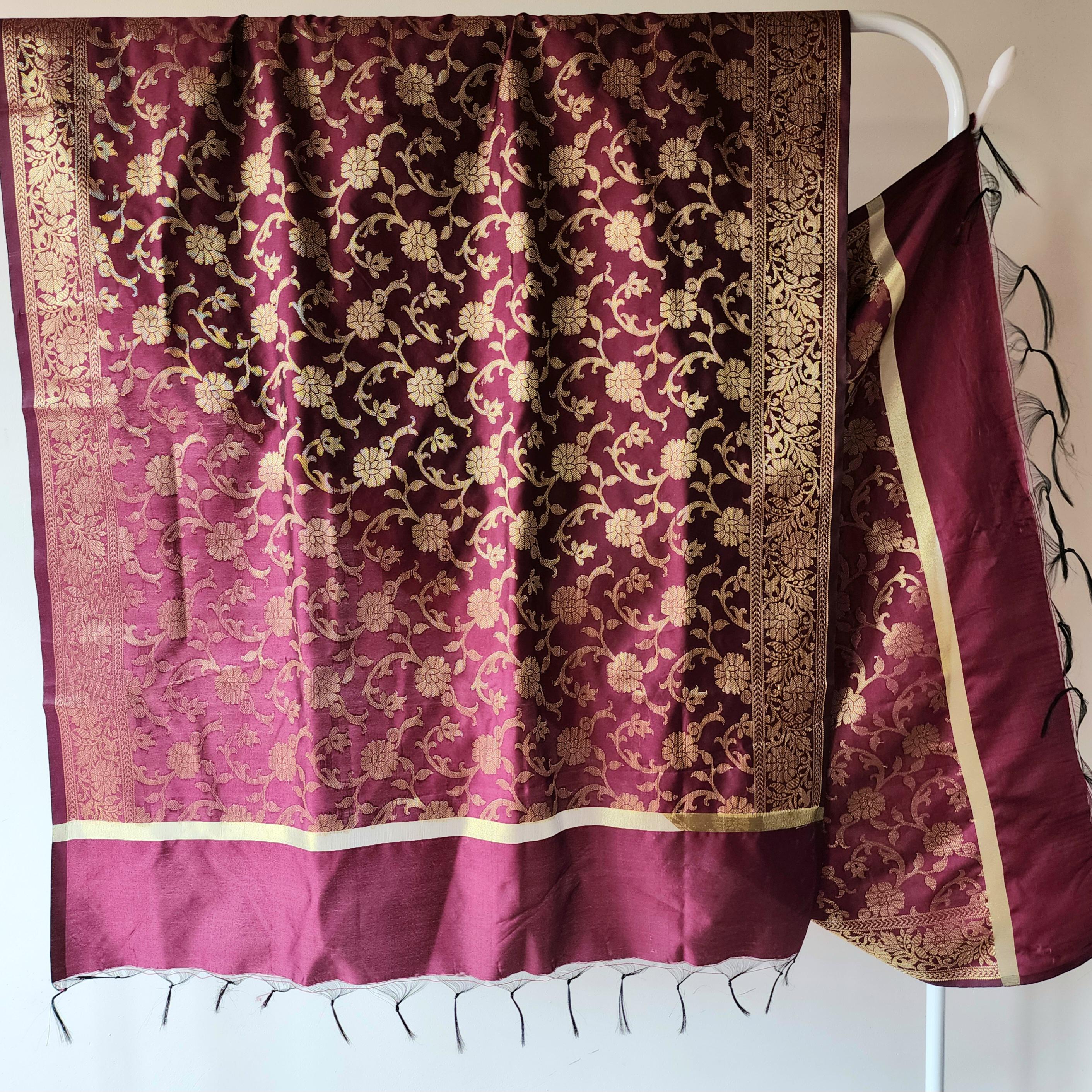 Wine Banarasi Dupatta with Gold Floral Weave Perfect for Evening Wear and Special Occasions