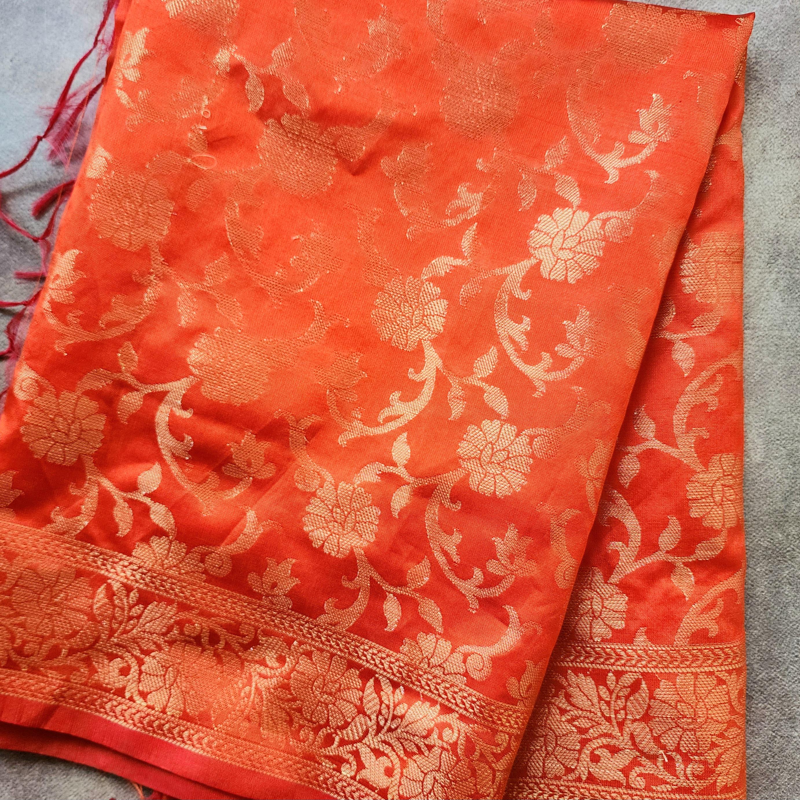 Orange Banarasi Dupatta with Gold Floral Weave Perfect for Evening Wear and Special Occasions