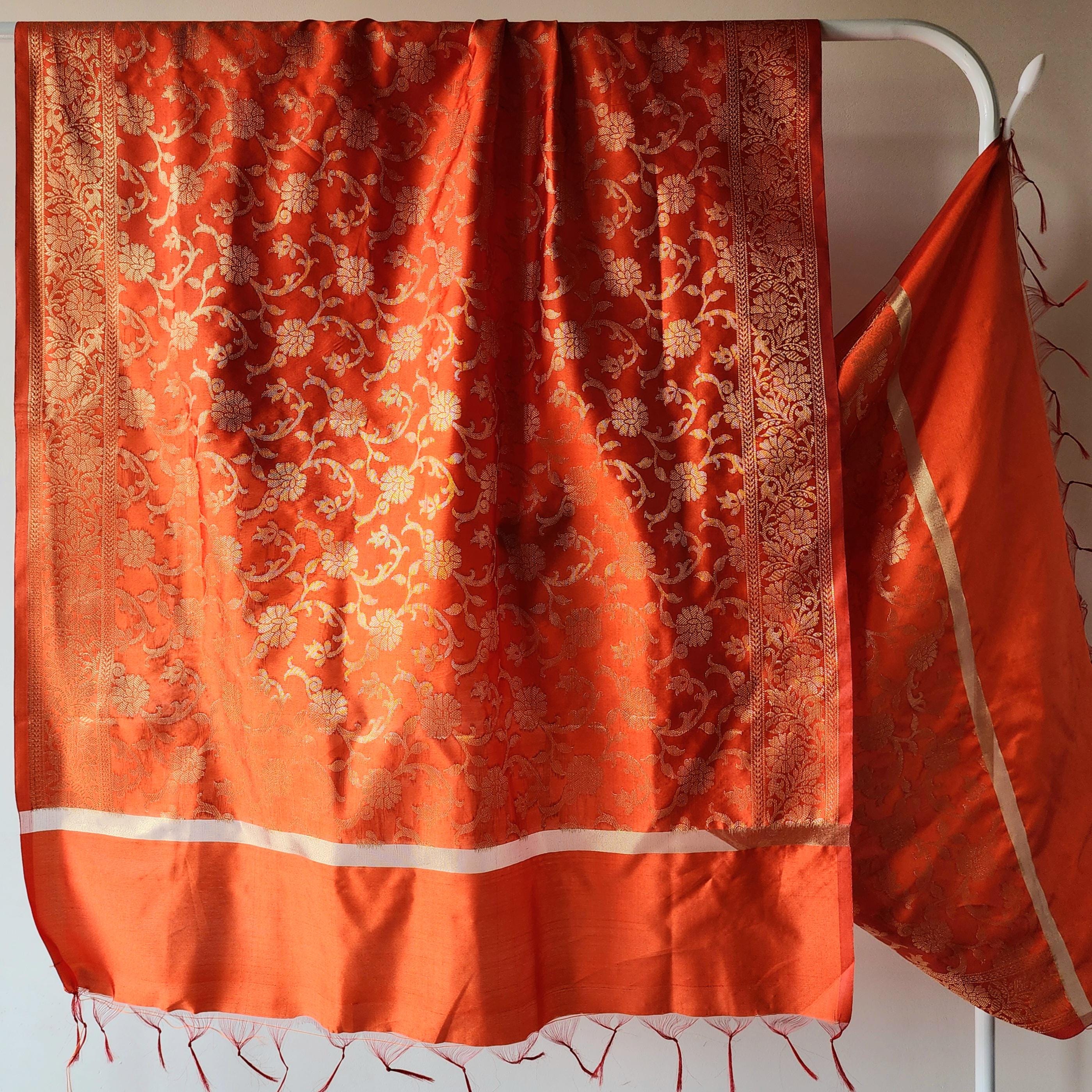 Orange Banarasi Dupatta with Gold Floral Weave Perfect for Evening Wear and Special Occasions