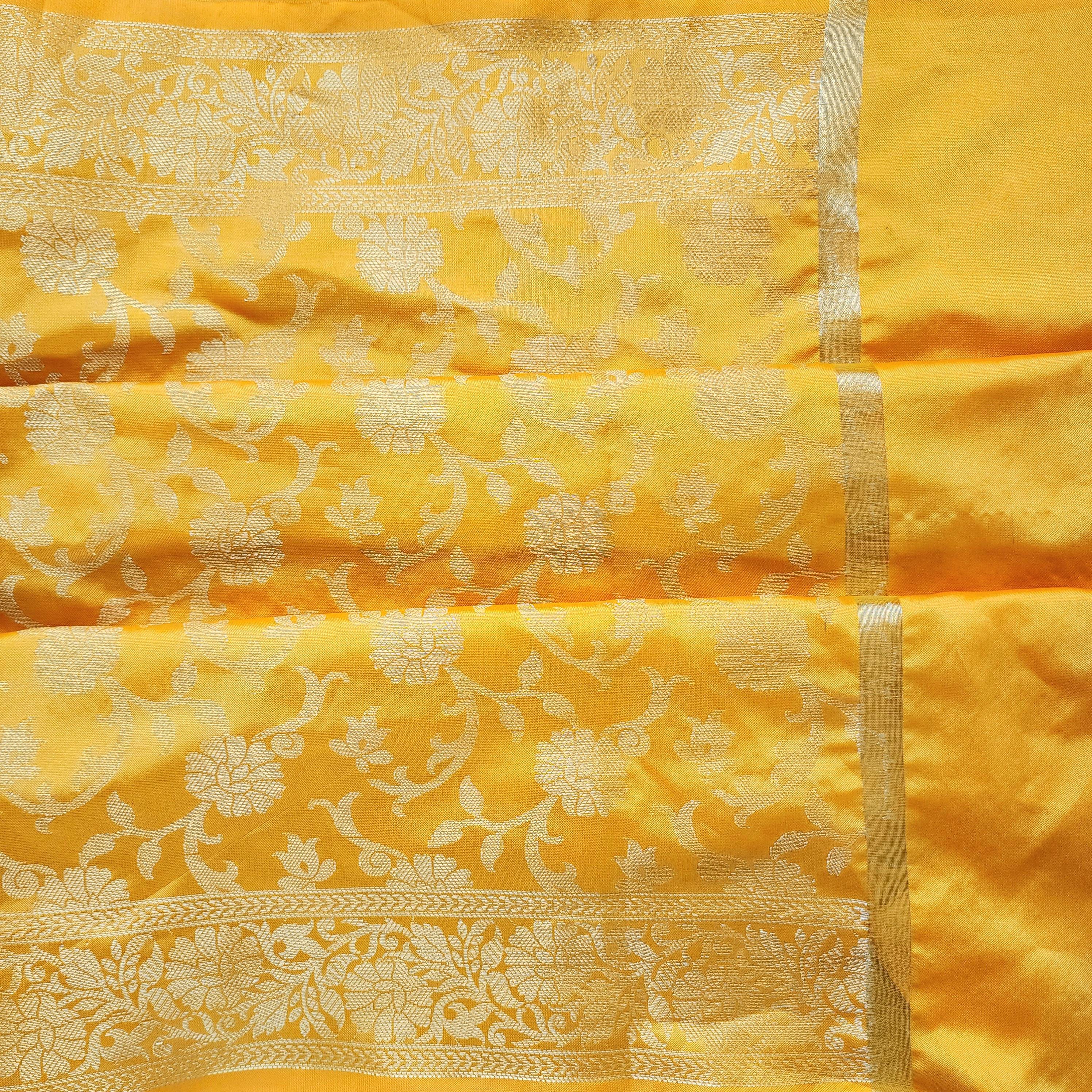 Yellow Banarasi Dupatta with Gold Floral Weave Perfect for Evening Wear and Special Occasions