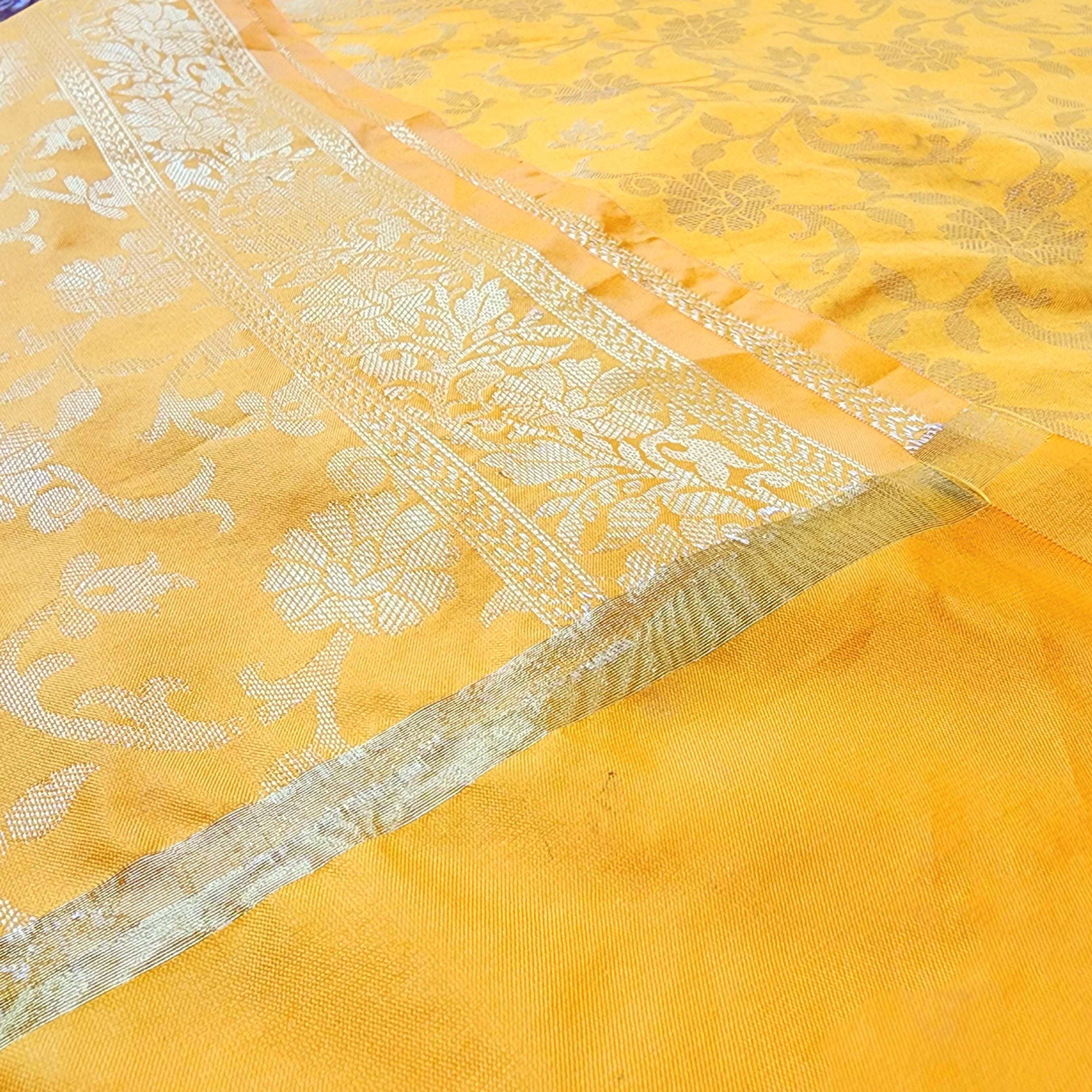 Yellow Banarasi Dupatta with Gold Floral Weave Perfect for Evening Wear and Special Occasions