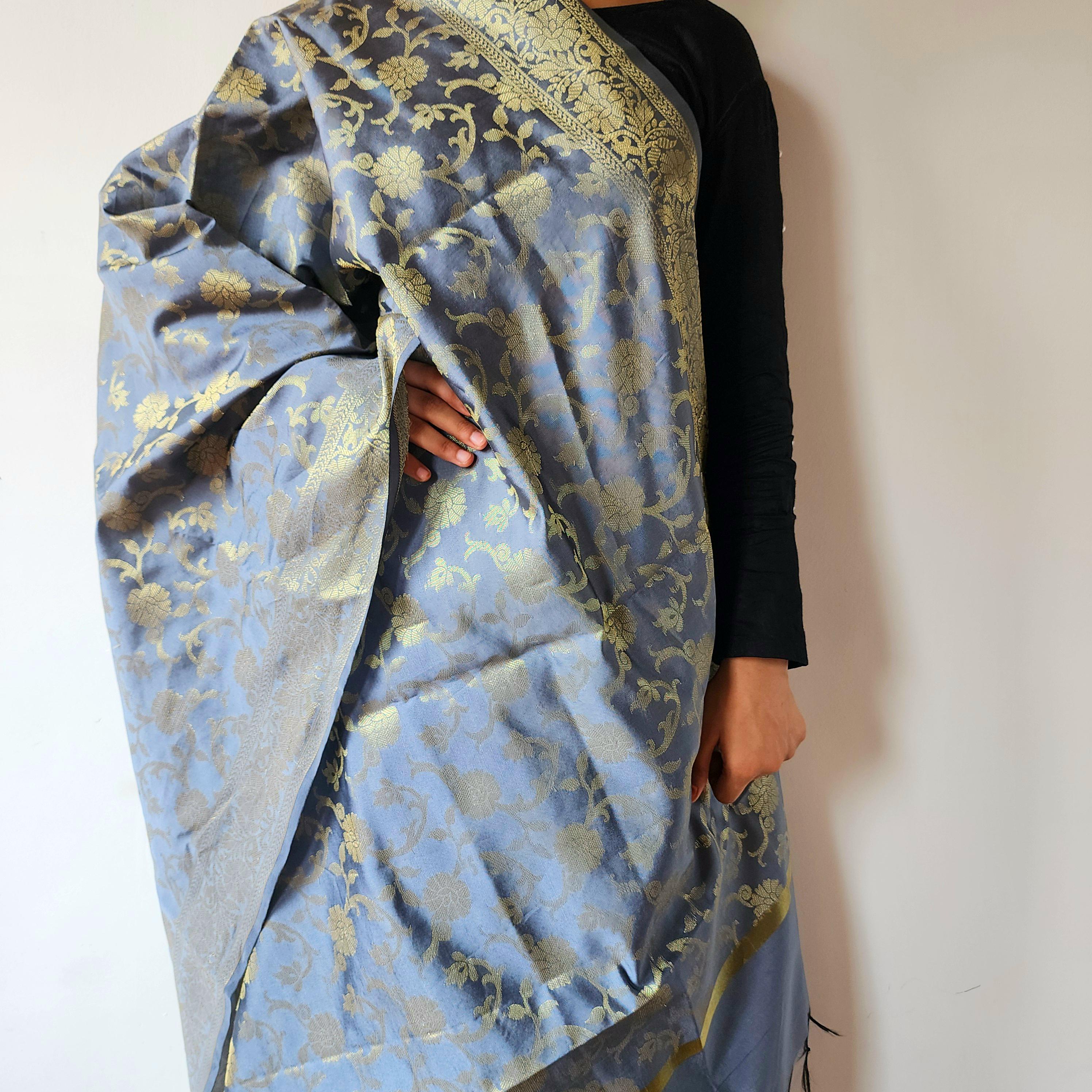 Gray Banarasi Dupatta with Gold Floral Weave  Perfect for Evening Wear and Special Occasions