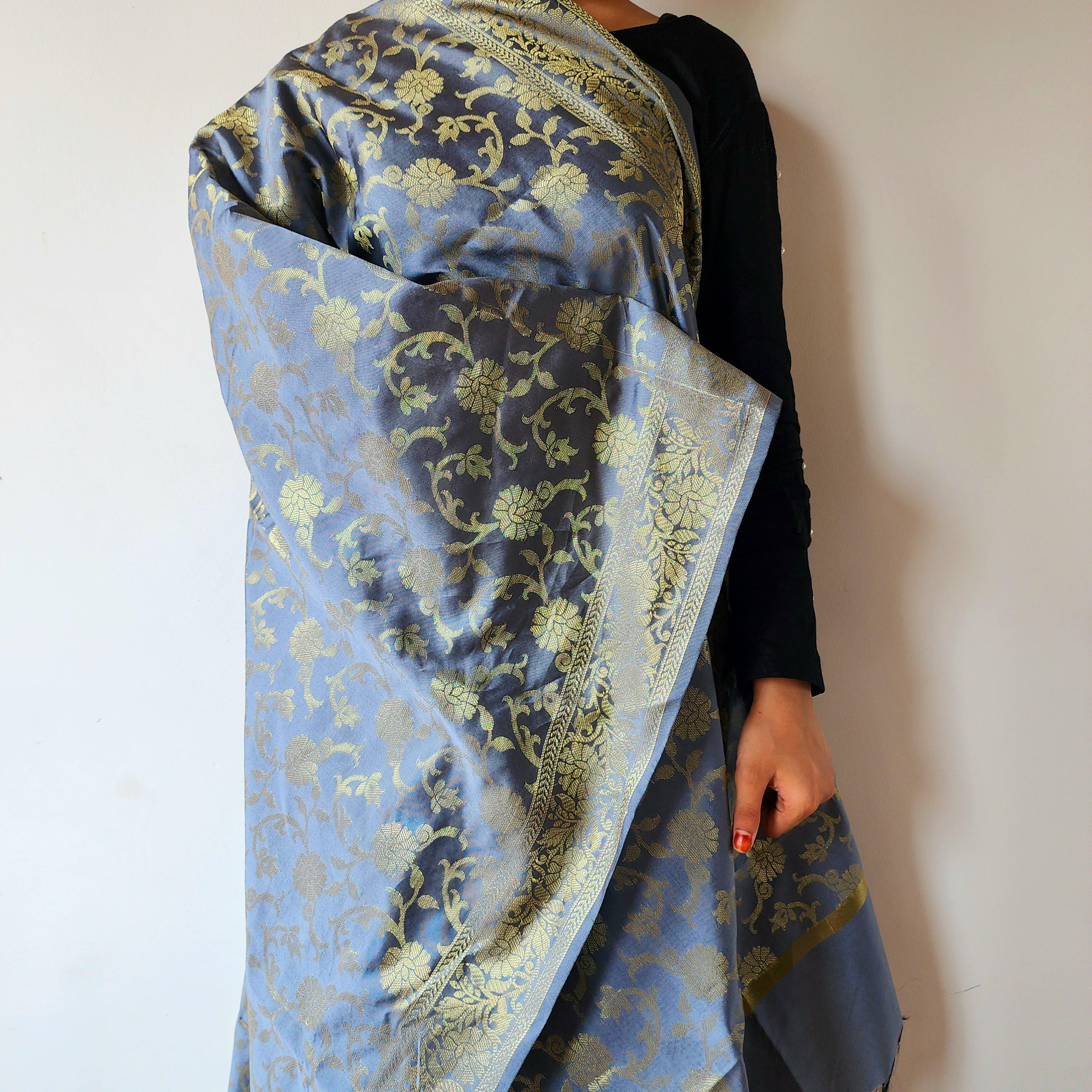 Gray Banarasi Dupatta with Gold Floral Weave Perfect for Evening Wear and Special Occasions