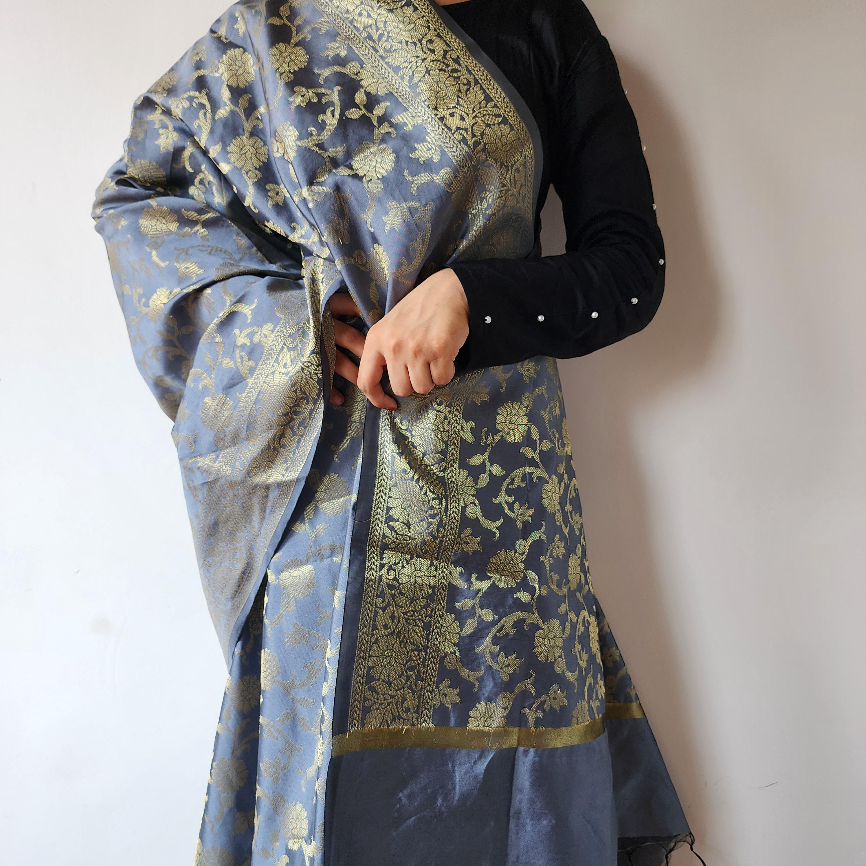 Gray Banarasi Dupatta with Gold Floral Weave Perfect for Evening Wear and Special Occasions