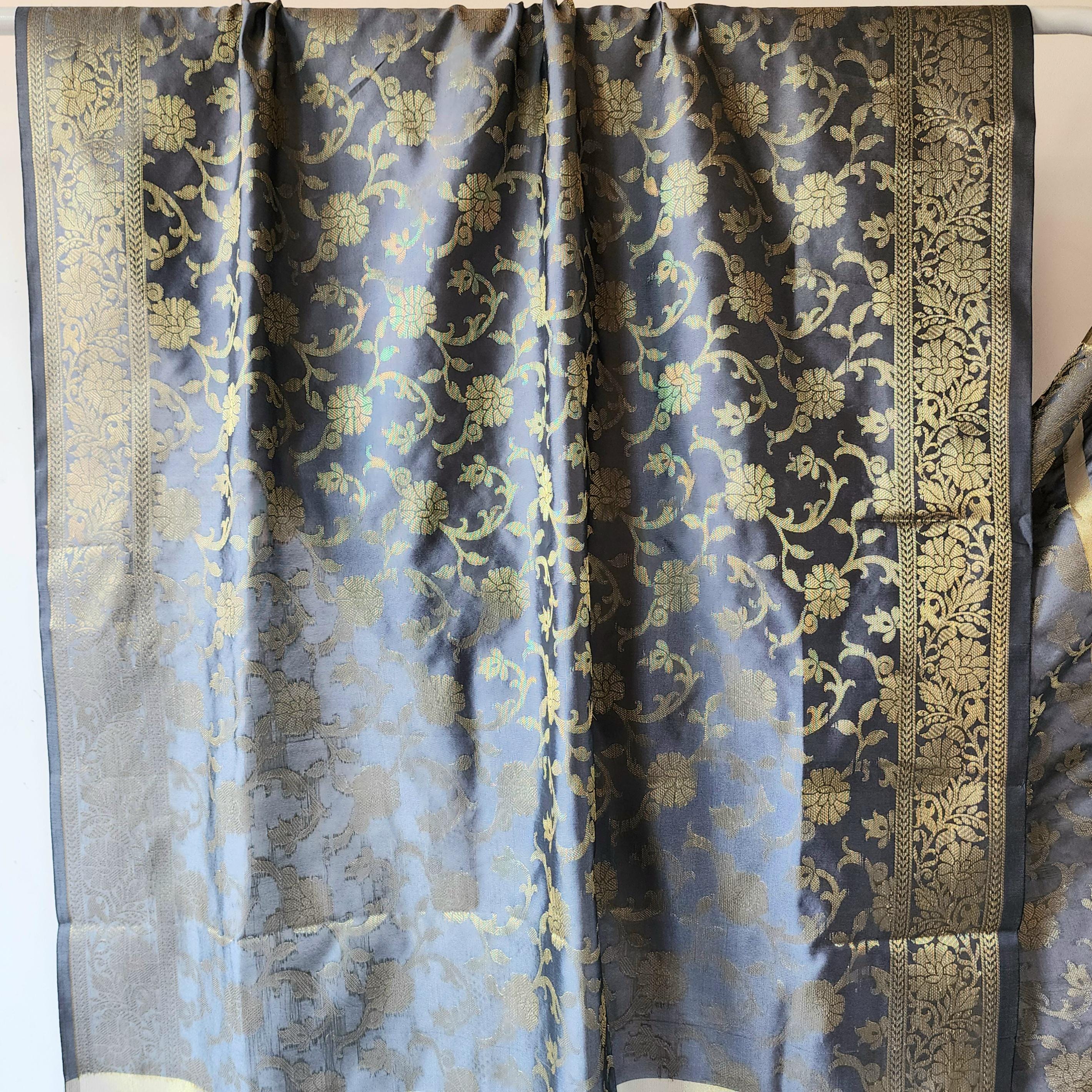 Gray Banarasi Dupatta with Gold Floral Weave Perfect for Evening Wear and Special Occasions