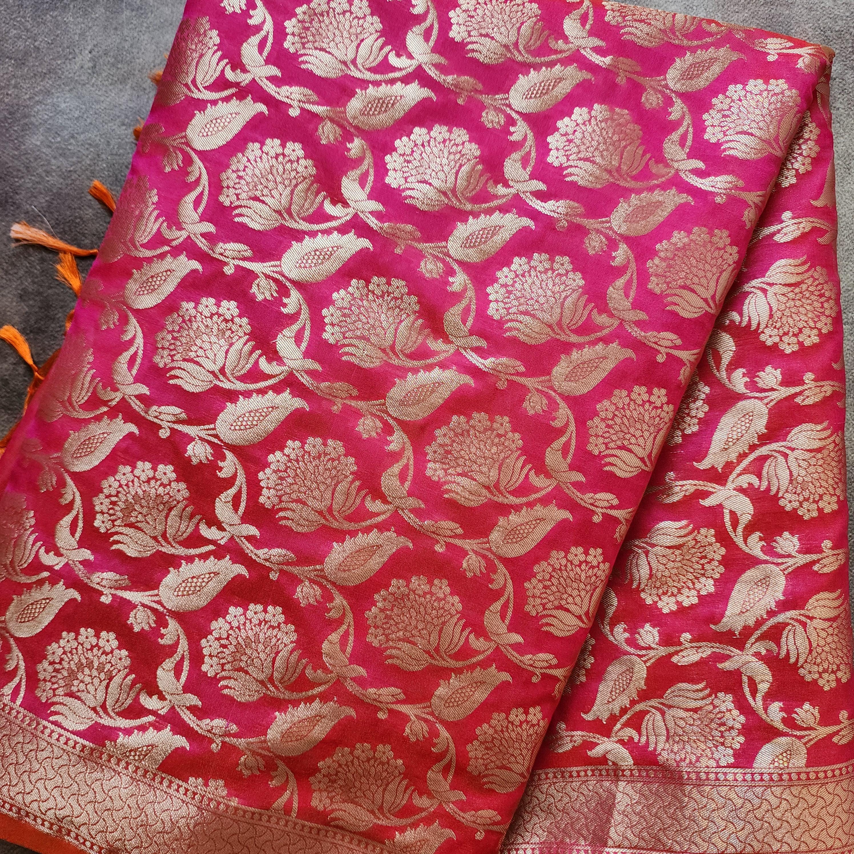 Pink Banarasi Dupatta with Gold Zari Floral Buta Festive & Elegant Addition for Traditional and Wedding Wear