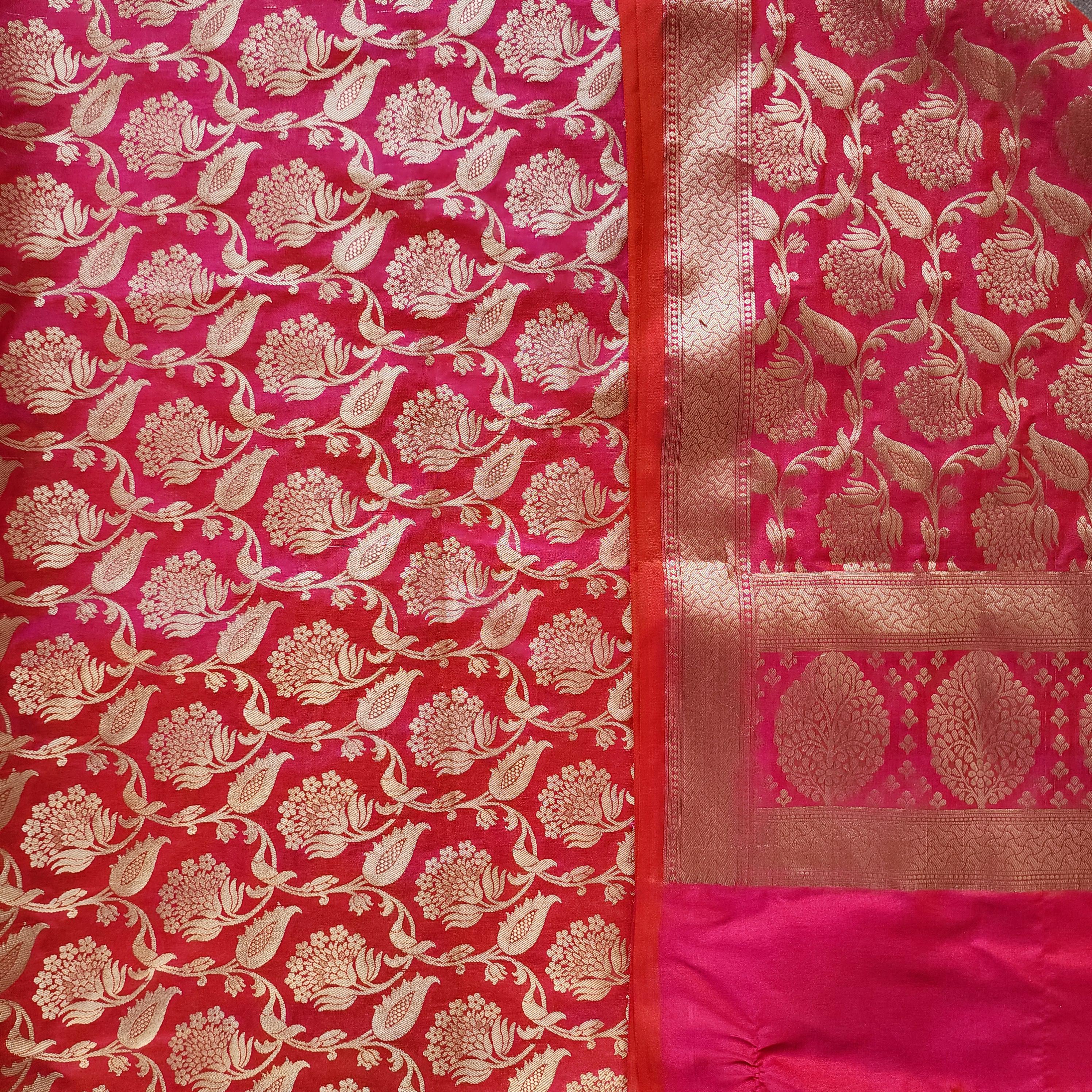 Pink Banarasi Dupatta with Gold Zari Floral Buta Festive & Elegant Addition for Traditional and Wedding Wear