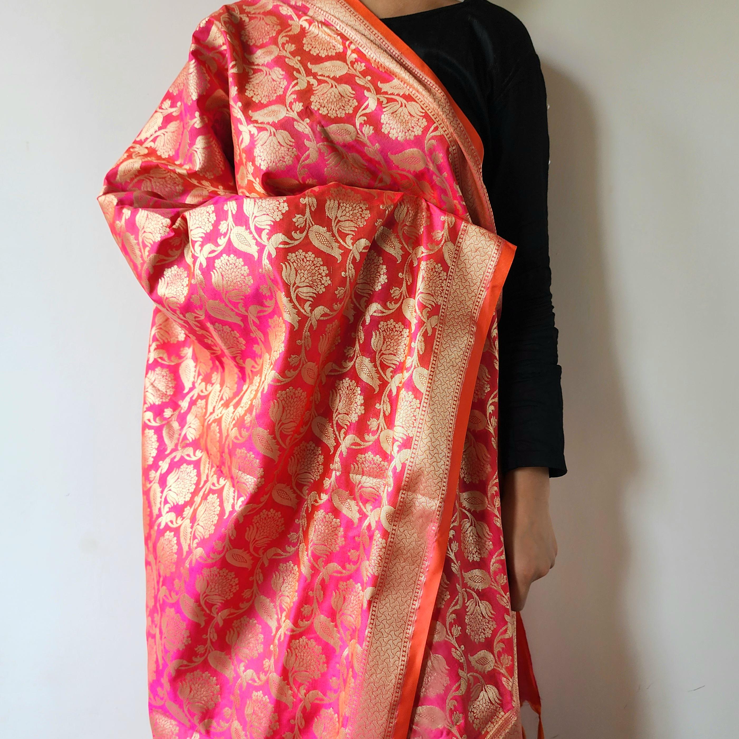 Pink Banarasi Dupatta with Gold Zari Floral Buta Festive & Elegant Addition for Traditional and Wedding Wear