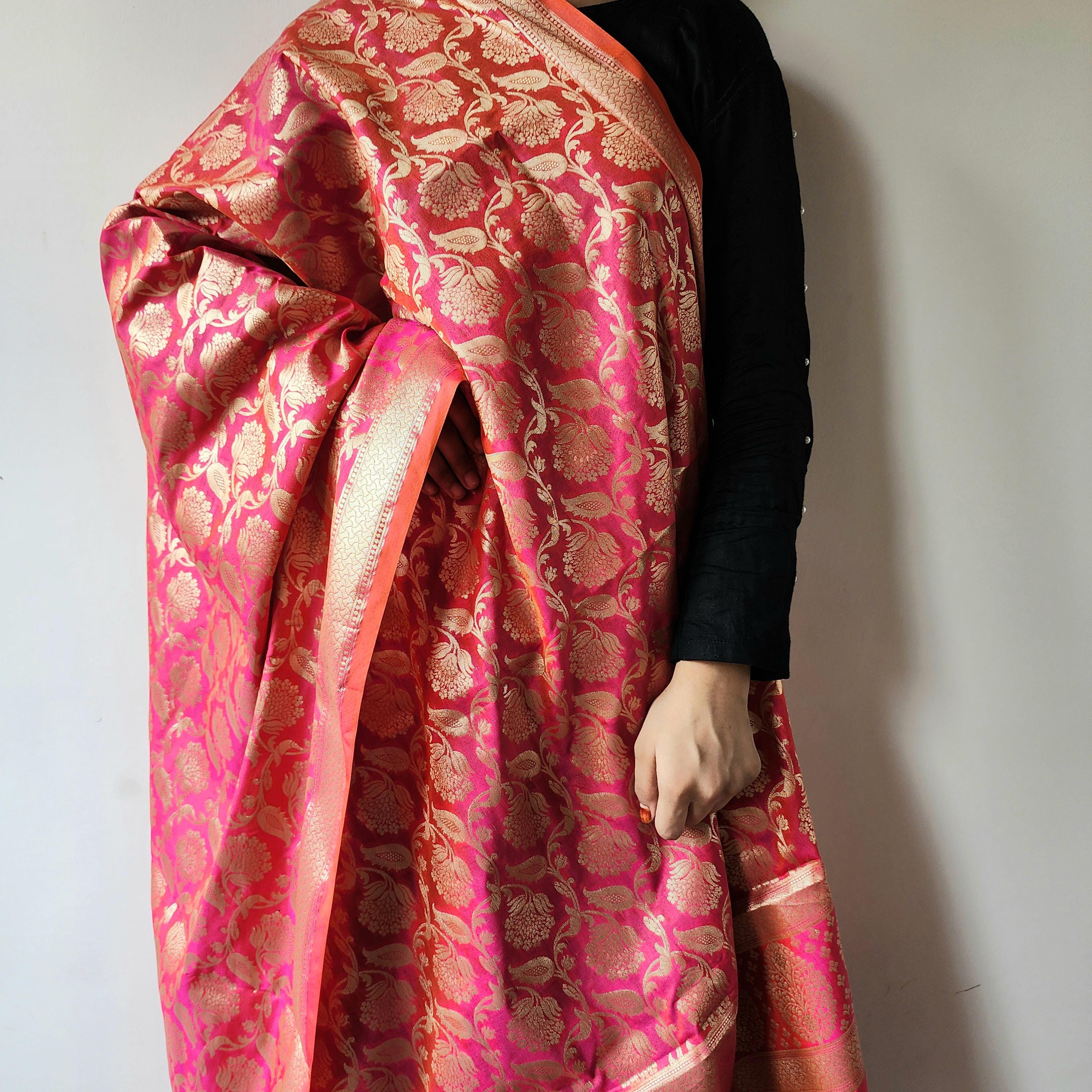 Pink Banarasi Dupatta with Gold Zari Floral Buta Festive & Elegant Addition for Traditional and Wedding Wear