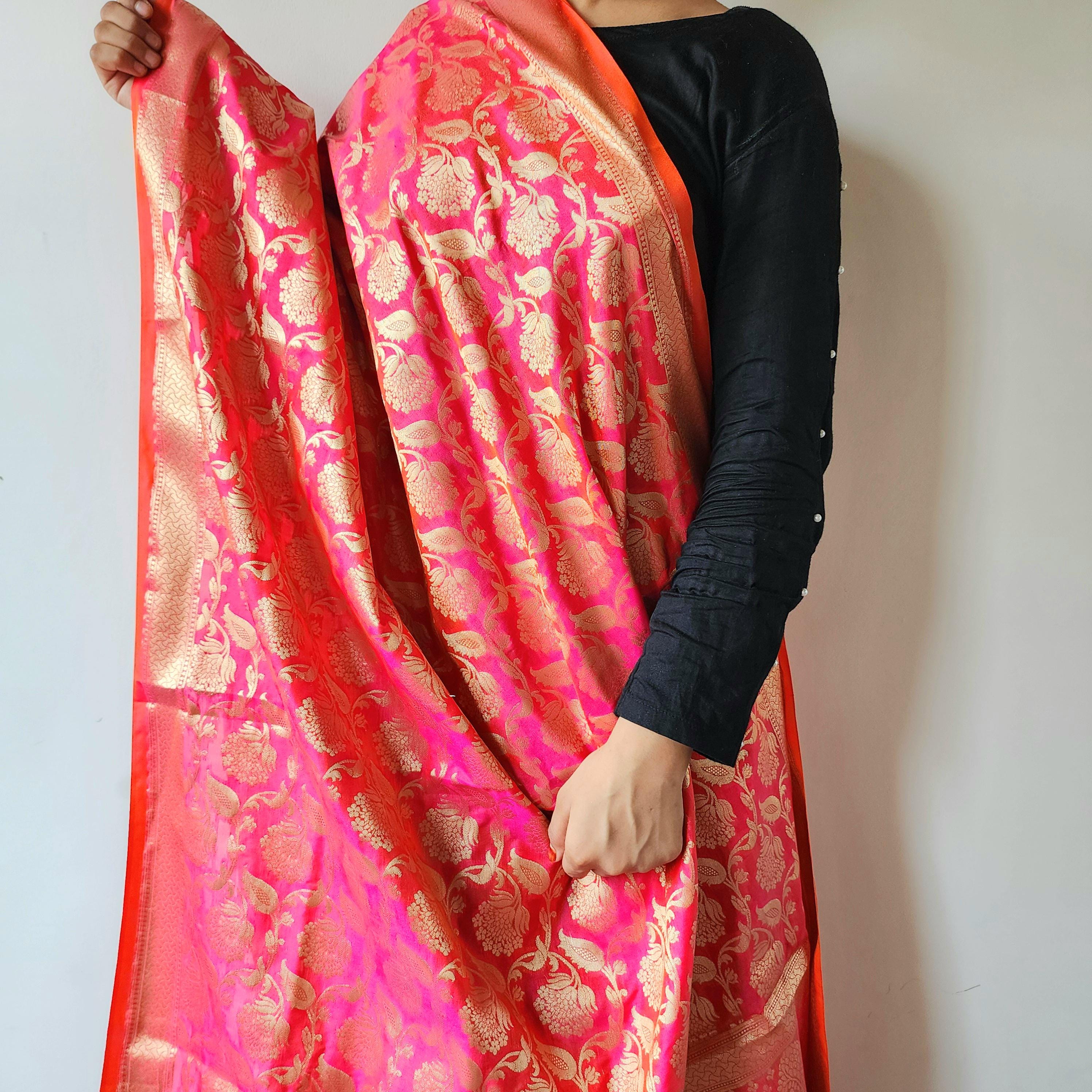 Pink Banarasi Dupatta with Gold Zari Floral Buta