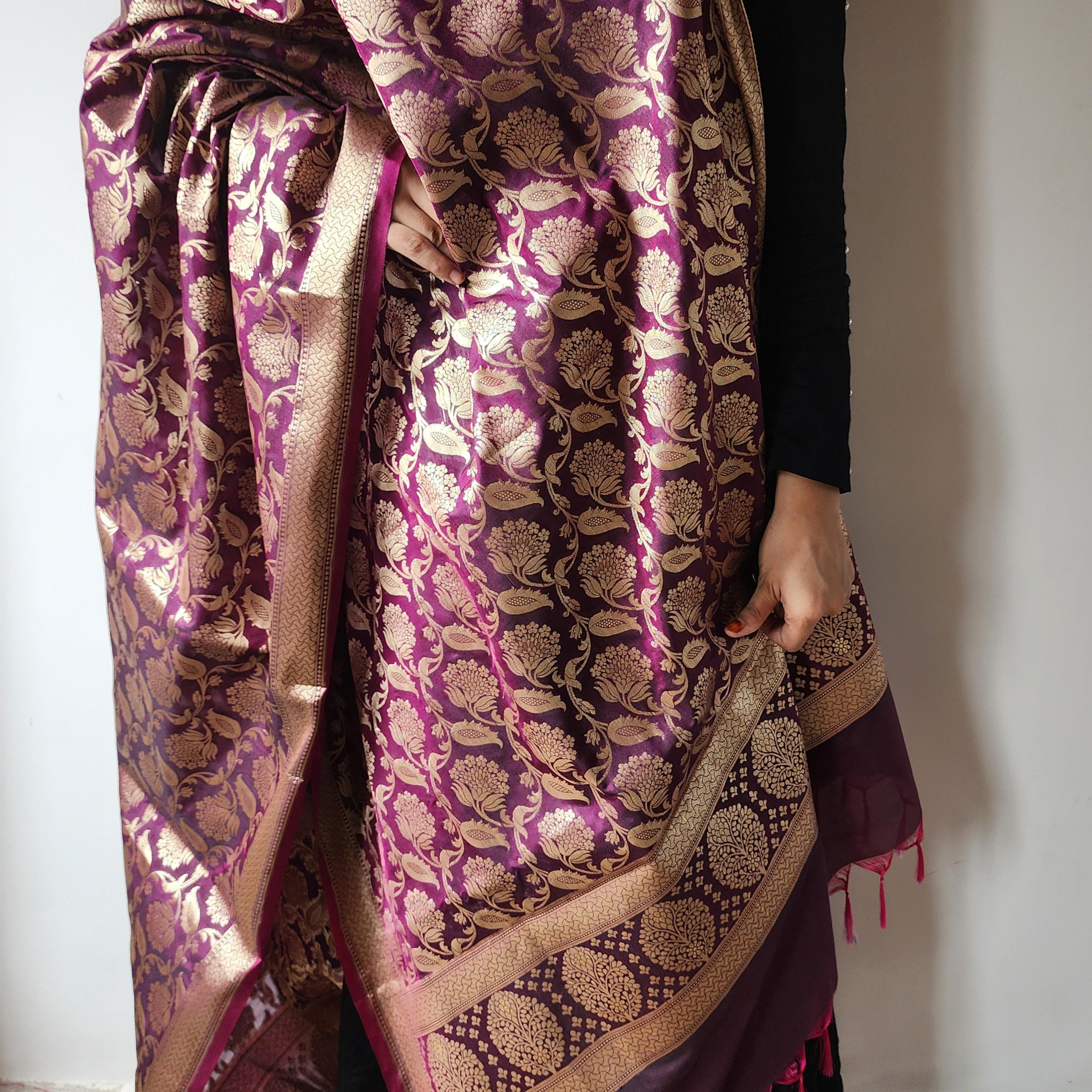Purple Banarasi Dupatta with Gold Zari Floral Buta Festive & Elegant Addition for Traditional and Wedding Wear