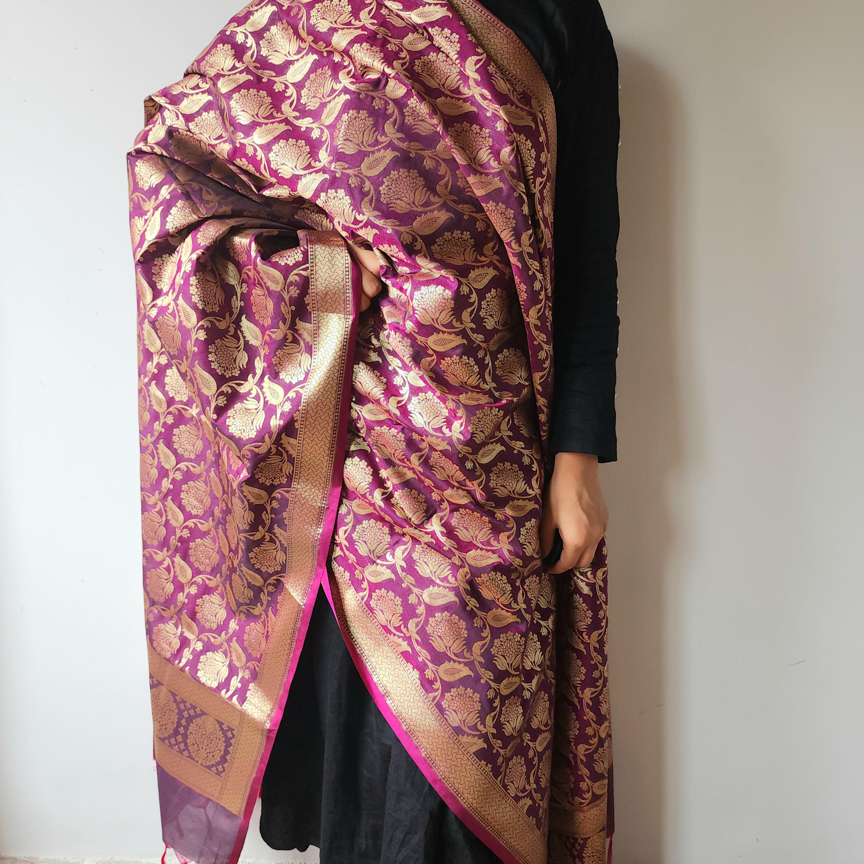 Purple Banarasi Dupatta with Gold Zari Floral Buta Festive & Elegant Addition for Traditional and Wedding Wear