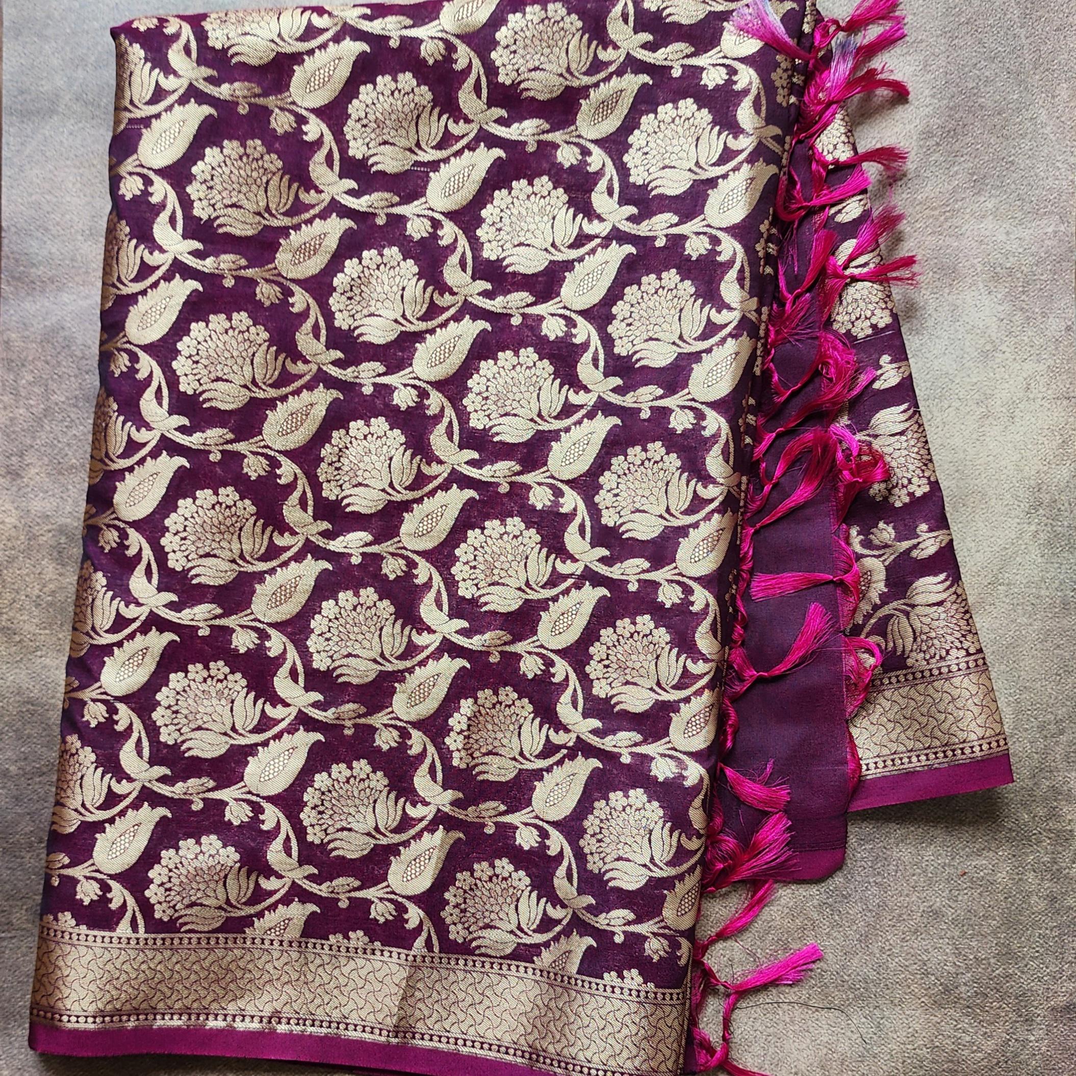 Purple Banarasi Dupatta with Gold Zari Floral Buta
