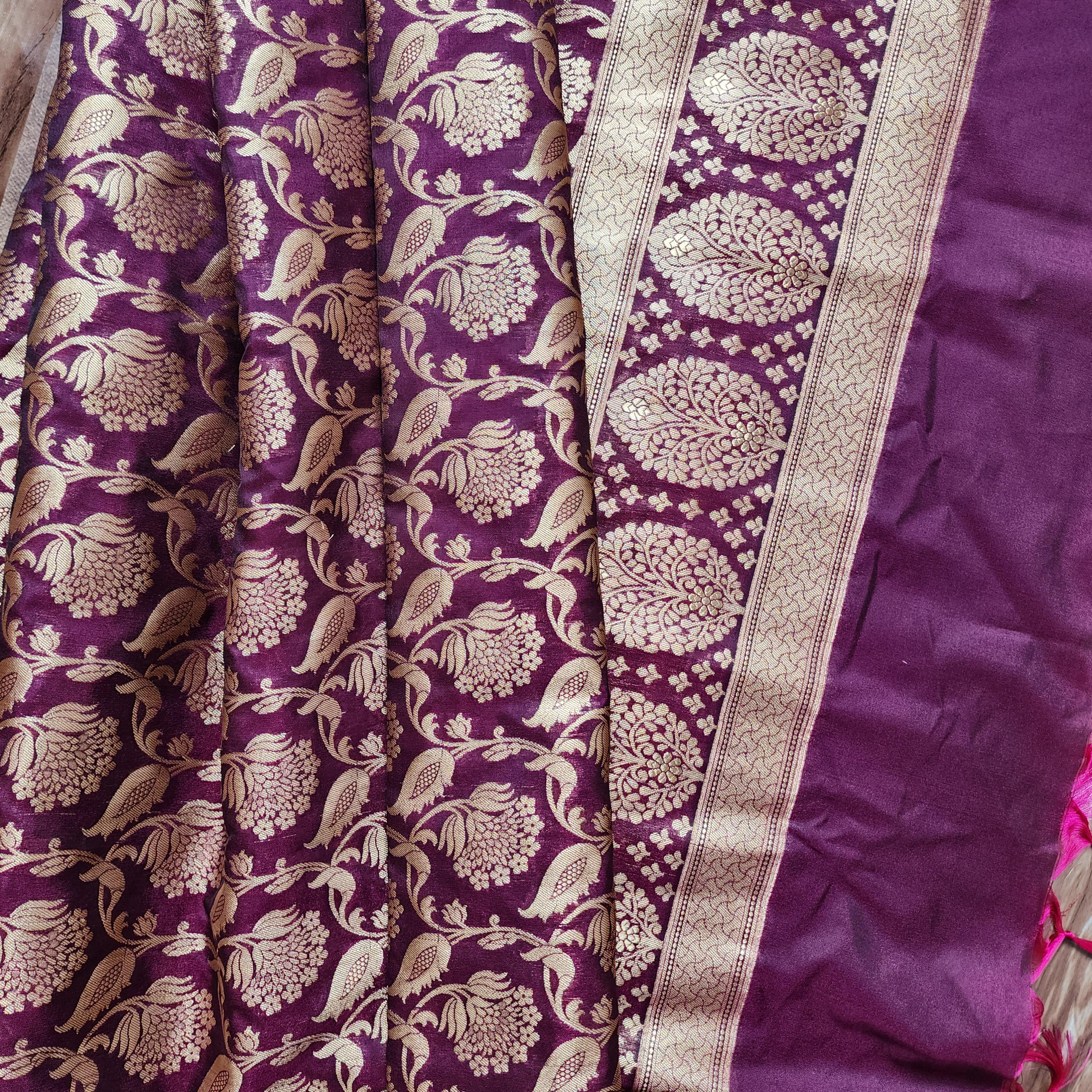 Purple Banarasi Dupatta with Gold Zari Floral Buta Festive & Elegant Addition for Traditional and Wedding Wear