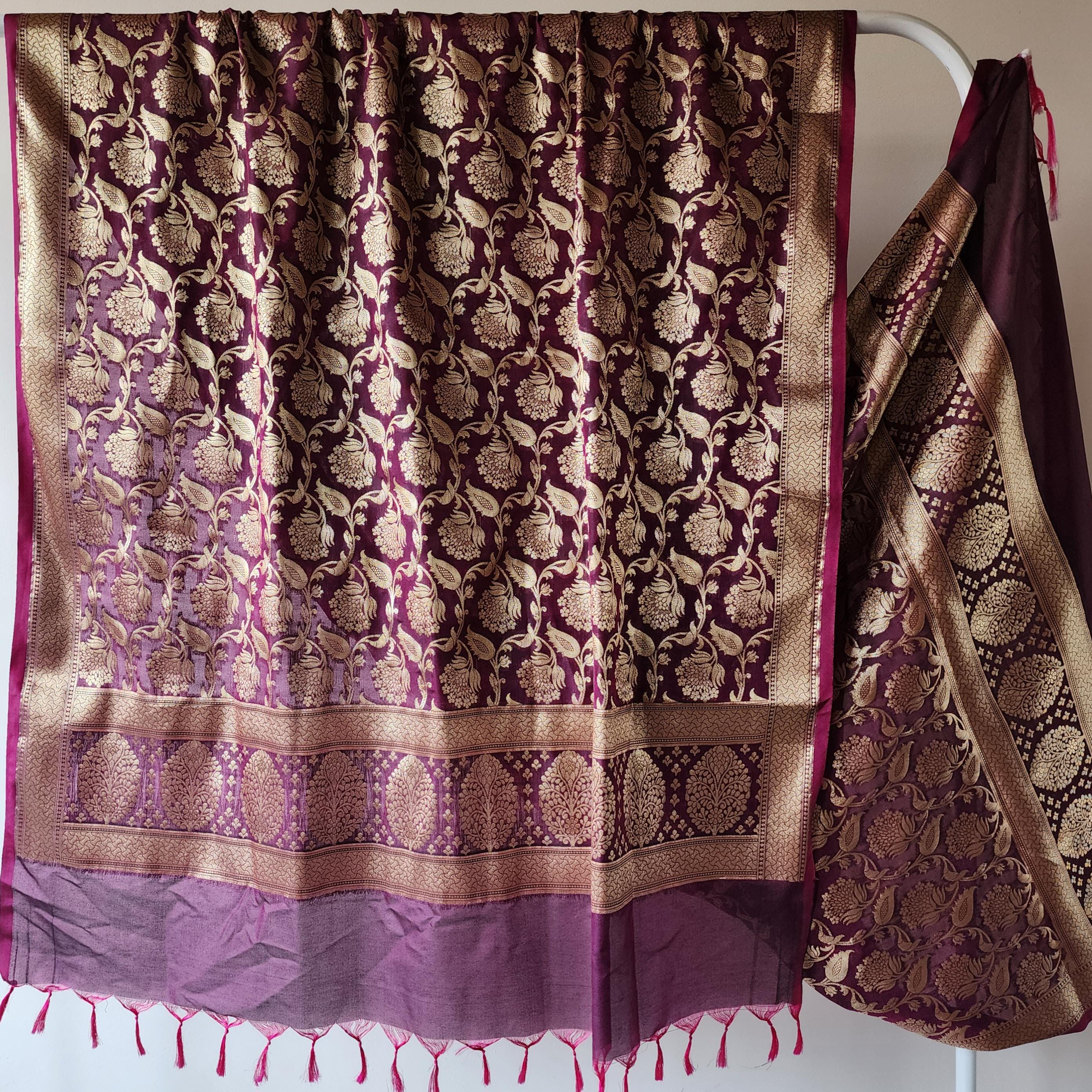 Purple Banarasi Dupatta with Gold Zari Floral Buta Festive & Elegant Addition for Traditional and Wedding Wear