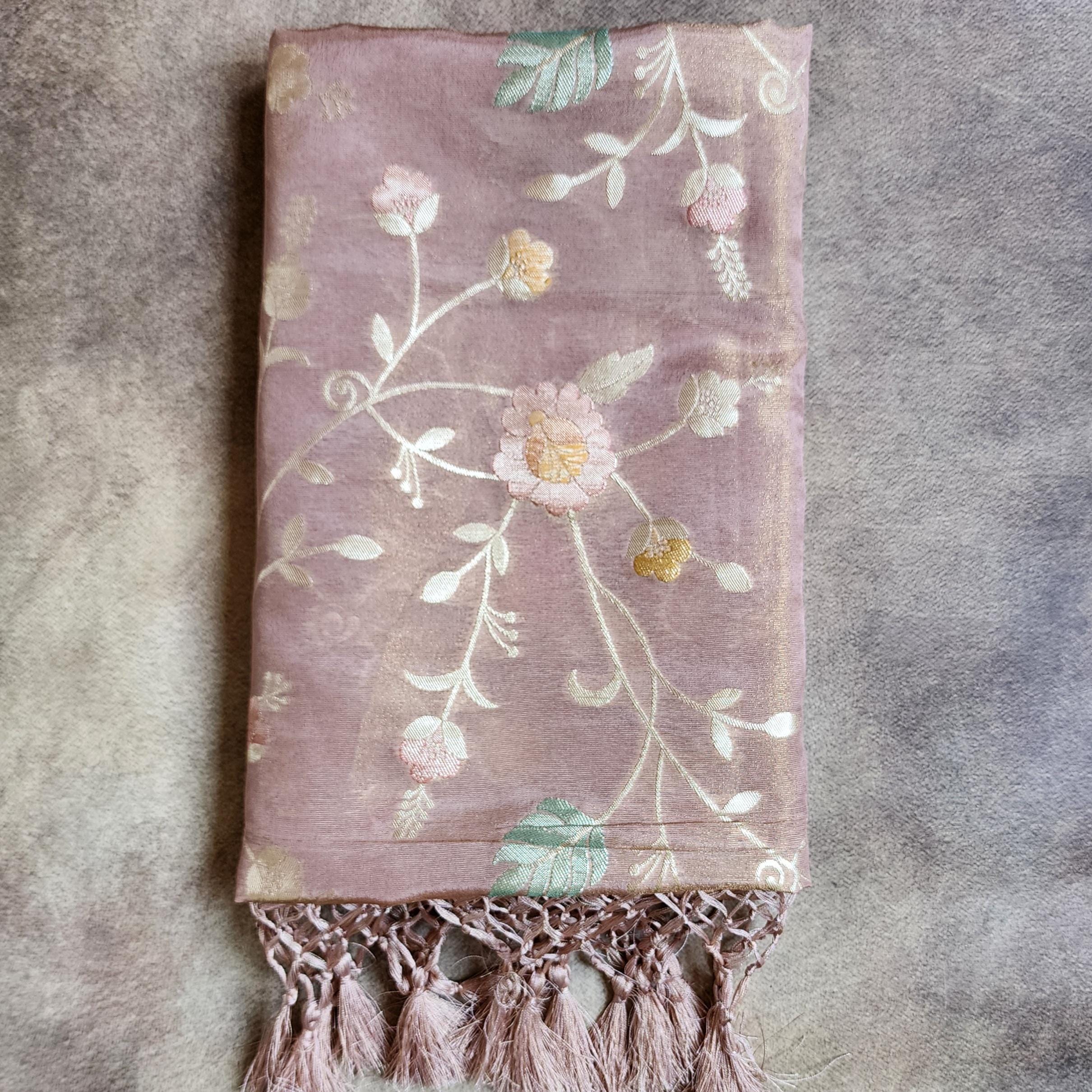 Banarasi Brocade Silk Cream Pink dupatta, Handpainted Multicolor meenakari work Indian traditional & Festive wear Dupatta
