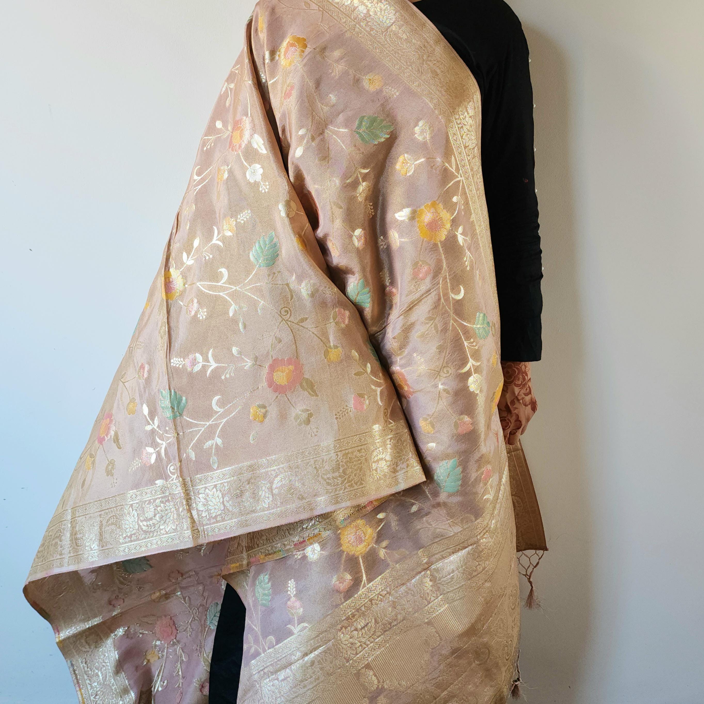 Banarasi Brocade Silk Cream Pink dupatta, Handpainted Multicolor meenakari work Indian traditional & Festive wear Dupatta