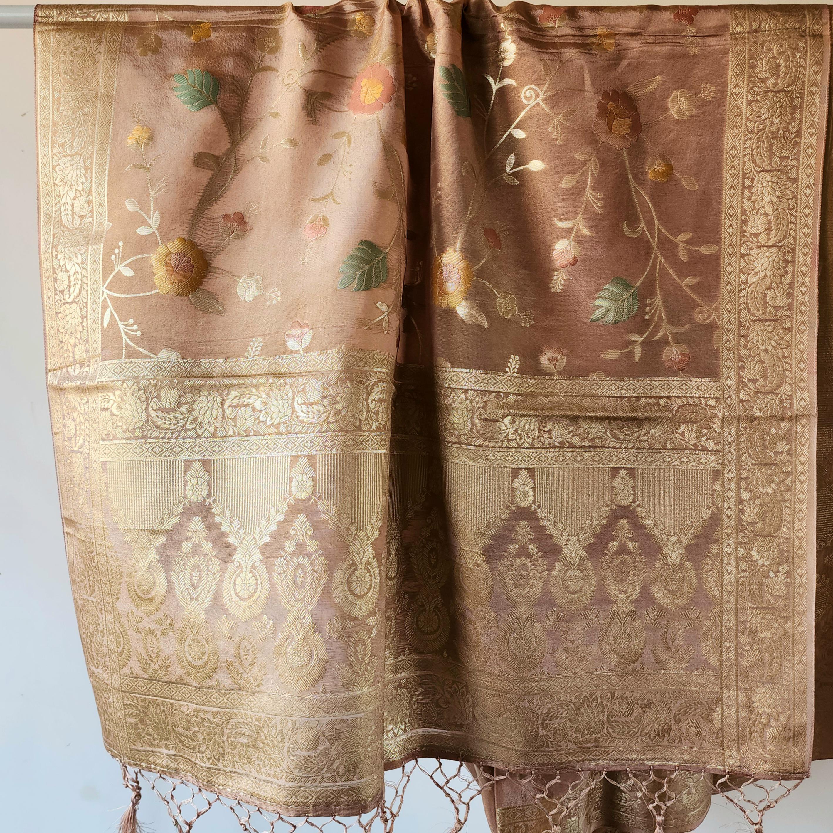 Banarasi Brocade Silk Cream Pink dupatta, Handpainted Multicolor meenakari work Indian traditional & Festive wear Dupatta