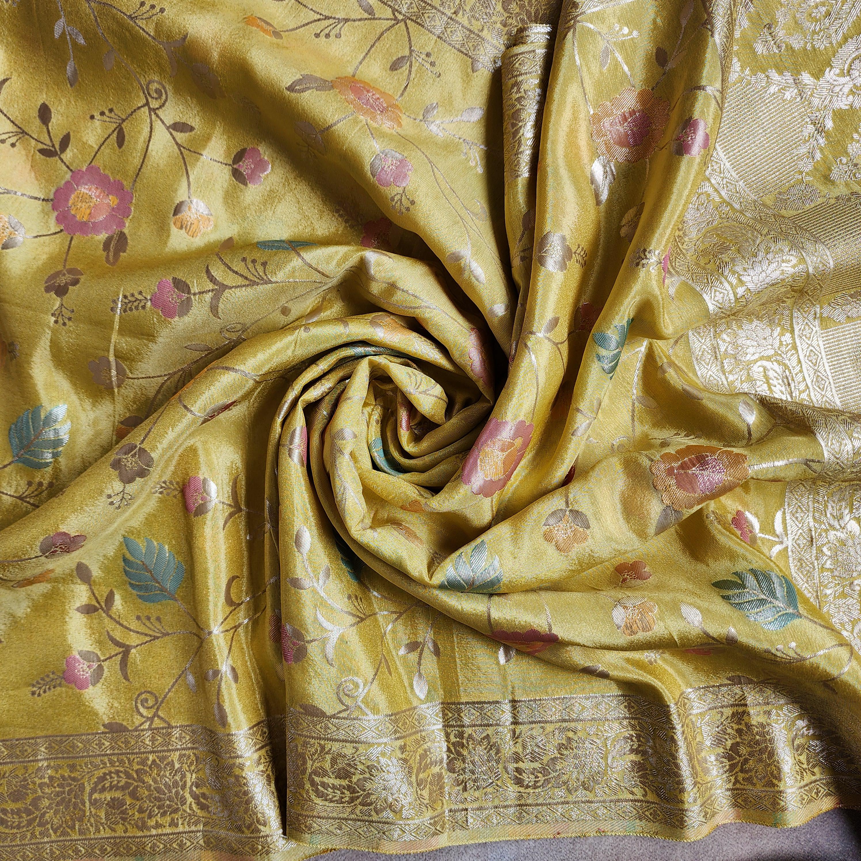 Banarasi Brocade Silk Yellow dupatta, Handpainted Multicolor meenakari work Indian traditional & Festive wear Dupatta