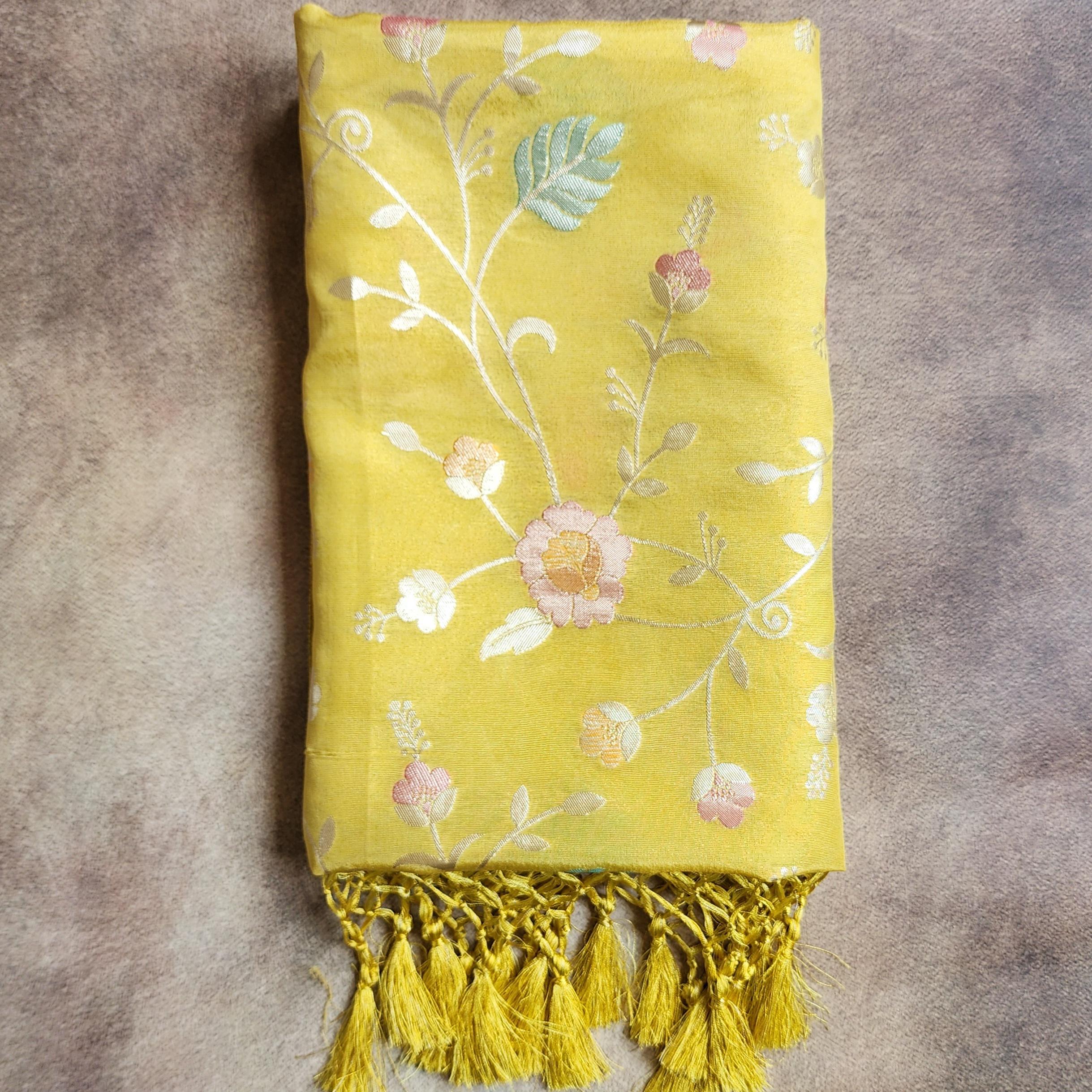 Banarasi Brocade Silk Yellow dupatta, Handpainted Multicolor meenakari work Indian traditional & Festive wear Dupatta