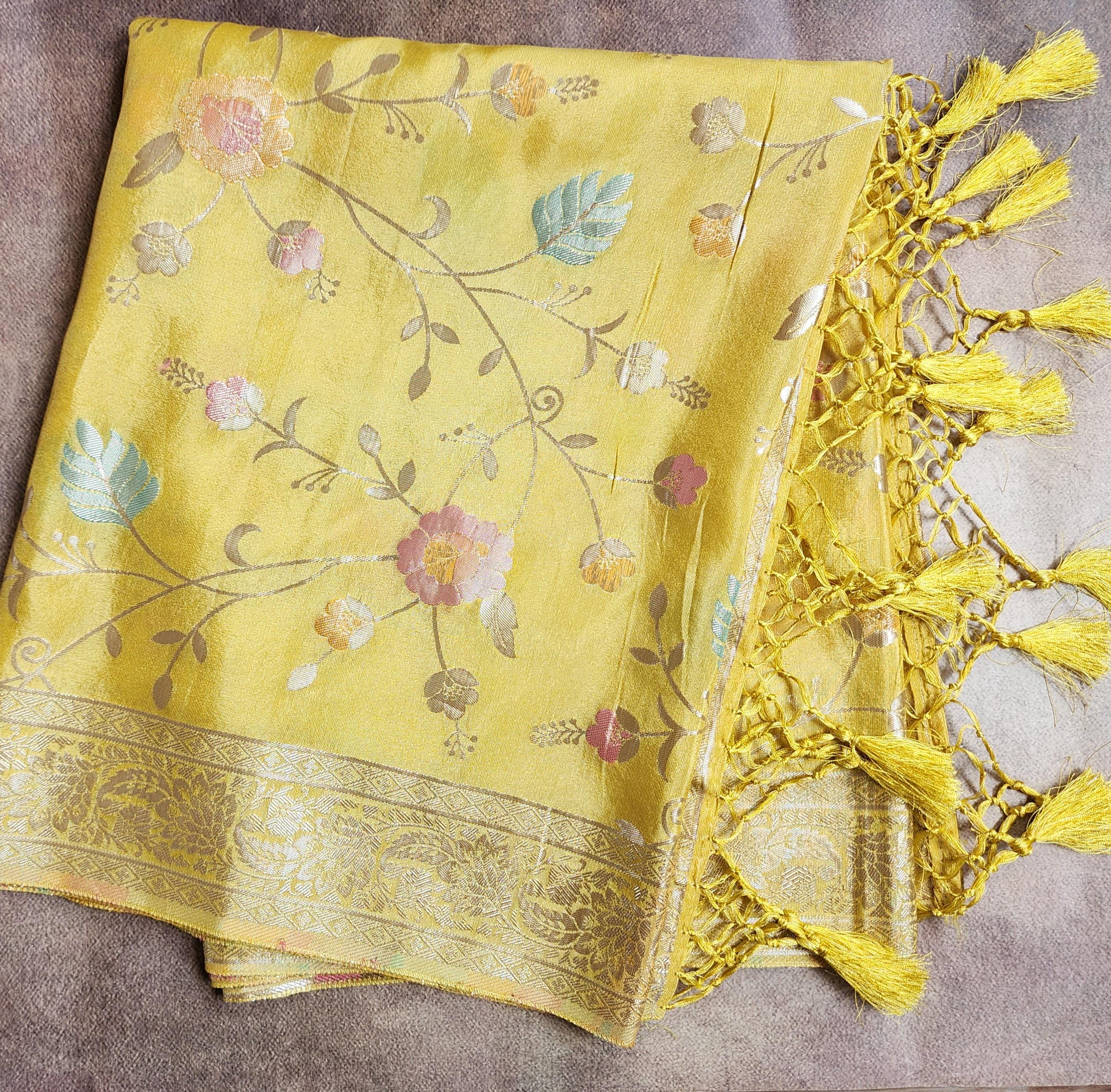 Banarasi Brocade Silk Yellow dupatta, Handpainted Multicolor meenakari work Indian traditional & Festive wear Dupatta