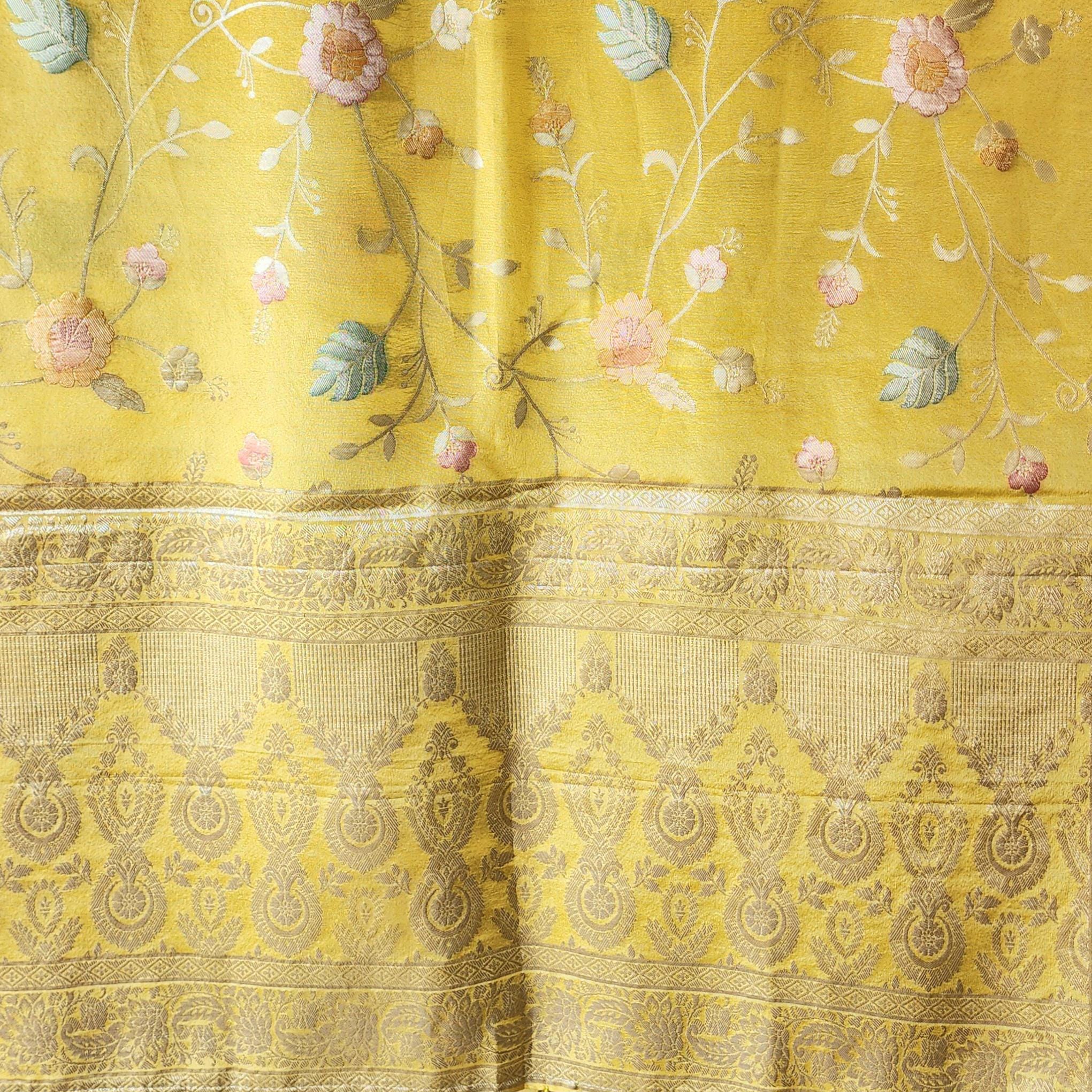 Banarasi Brocade Silk Yellow dupatta, Handpainted Multicolor meenakari work Indian traditional & Festive wear Dupatta