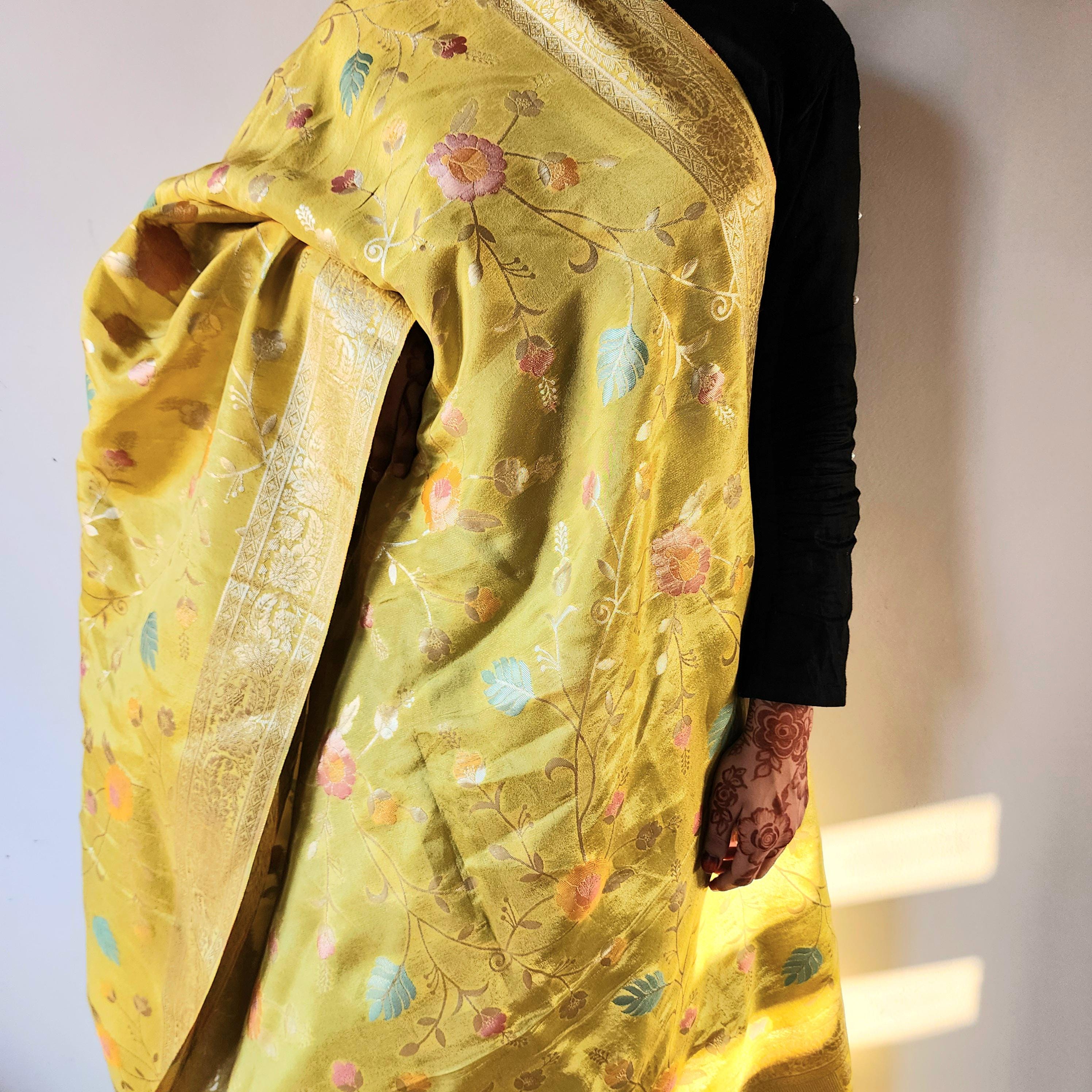 Banarasi Brocade Silk Yellow dupatta, Handpainted Multicolor meenakari work Indian traditional & Festive wear Dupatta
