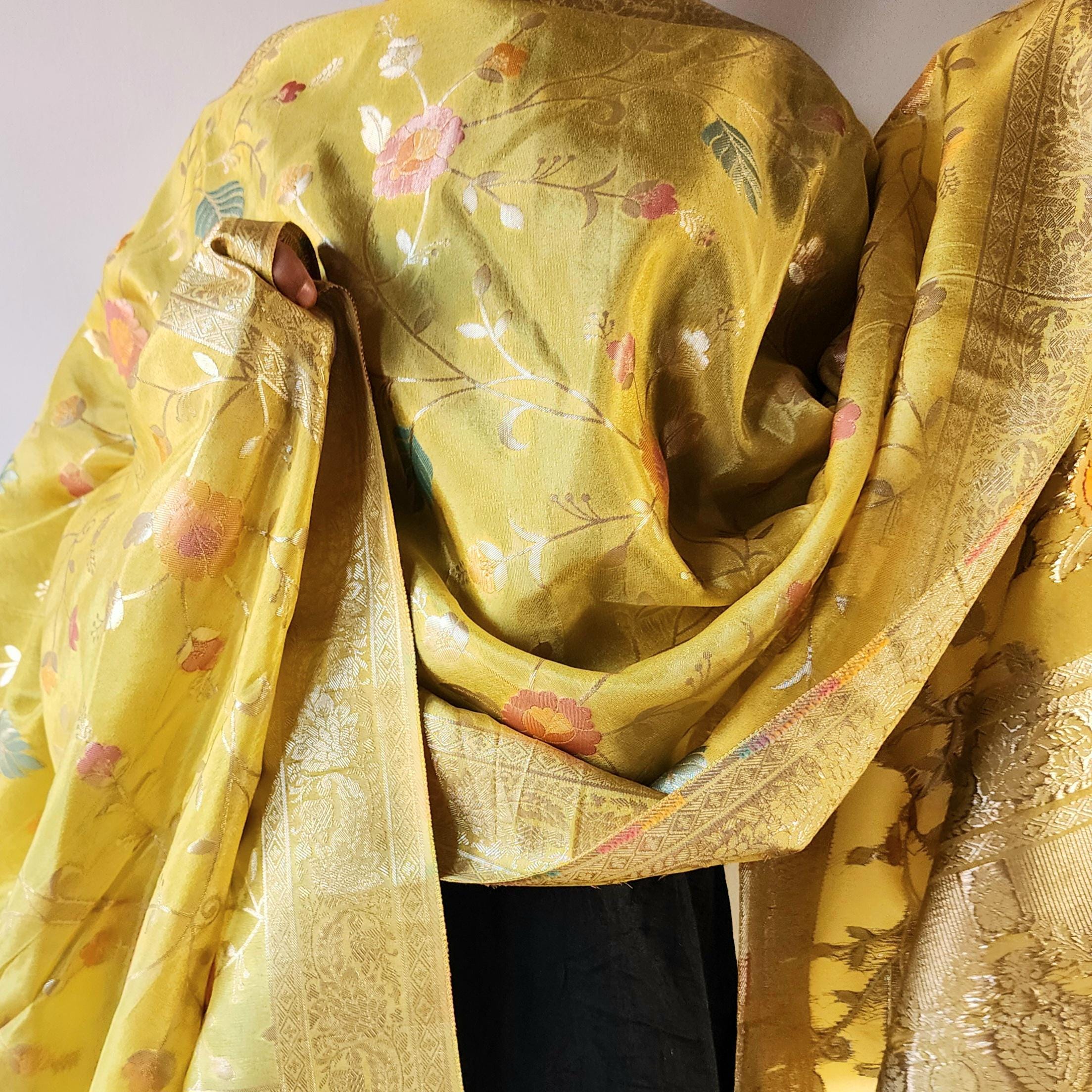 Banarasi Brocade Silk Yellow dupatta, Handpainted Multicolor meenakari work Indian traditional & Festive wear Dupatta